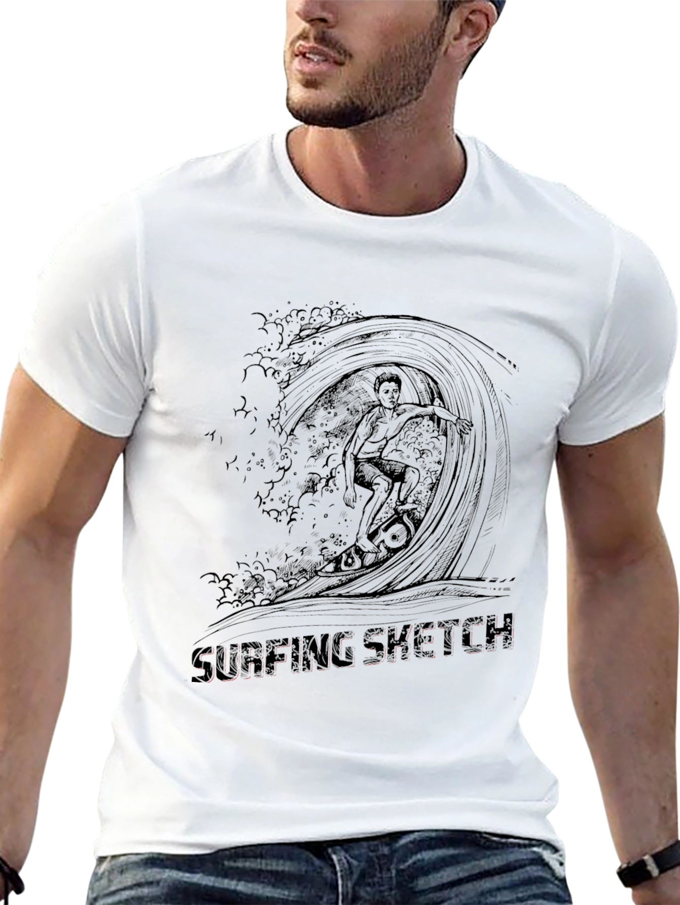 Surfing Sketch Black T-Shirt