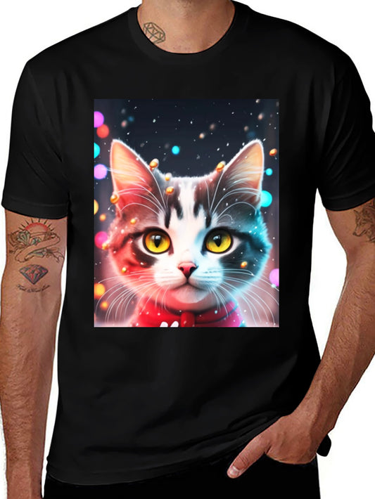 Festive Cat T-Shirt - Black Crew Neck