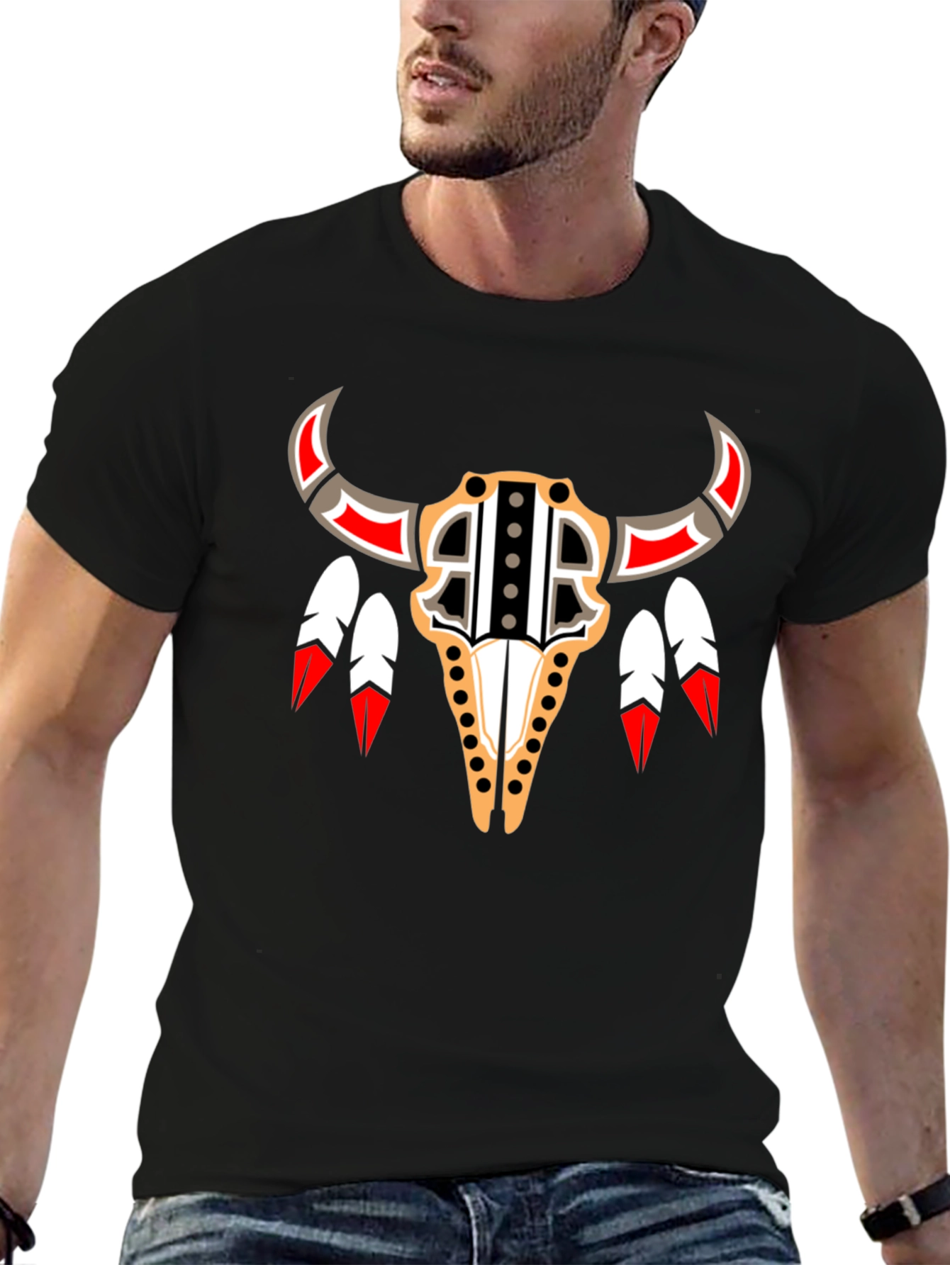 Tribal Bull Skull Graphic Tee - Black