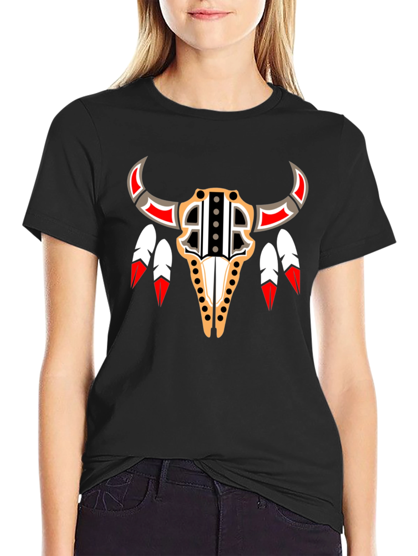 Tribal Bull Skull Graphic Tee - Black
