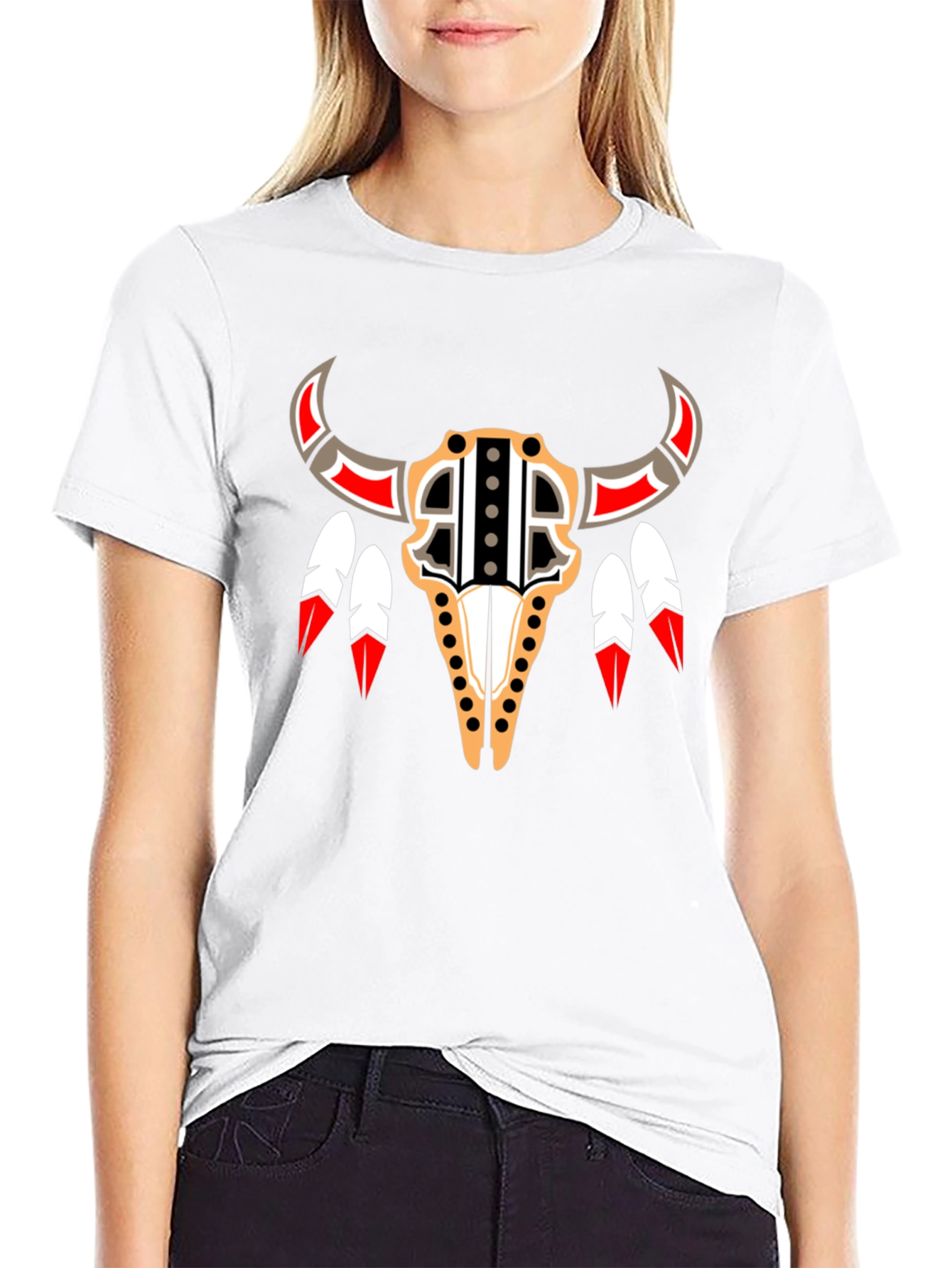 Tribal Bull Skull Graphic Tee - Black