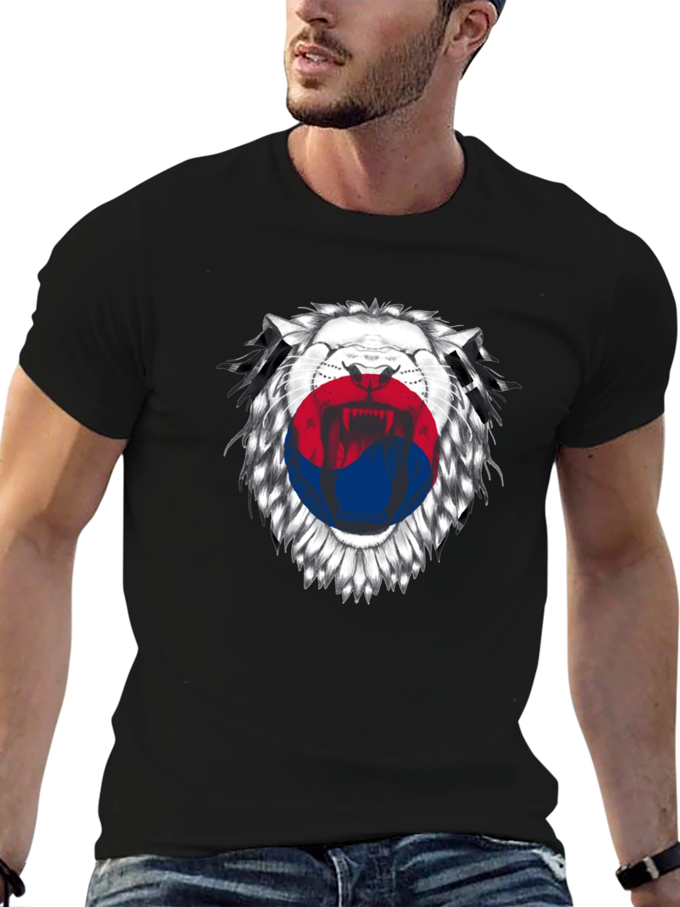 Korean Flag Lion Graphic T-Shirt - Black