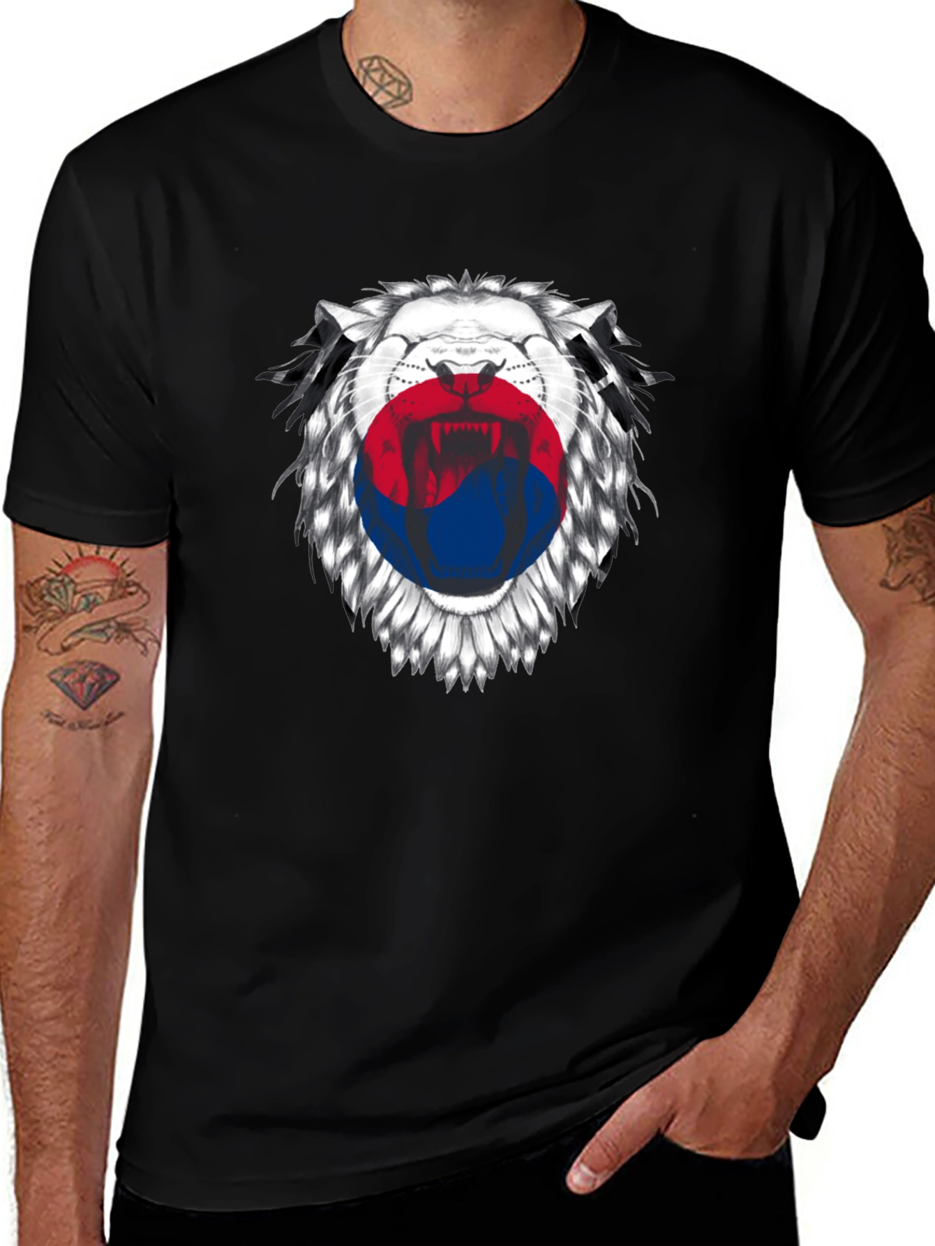 Korean Flag Lion Graphic T-Shirt - Black