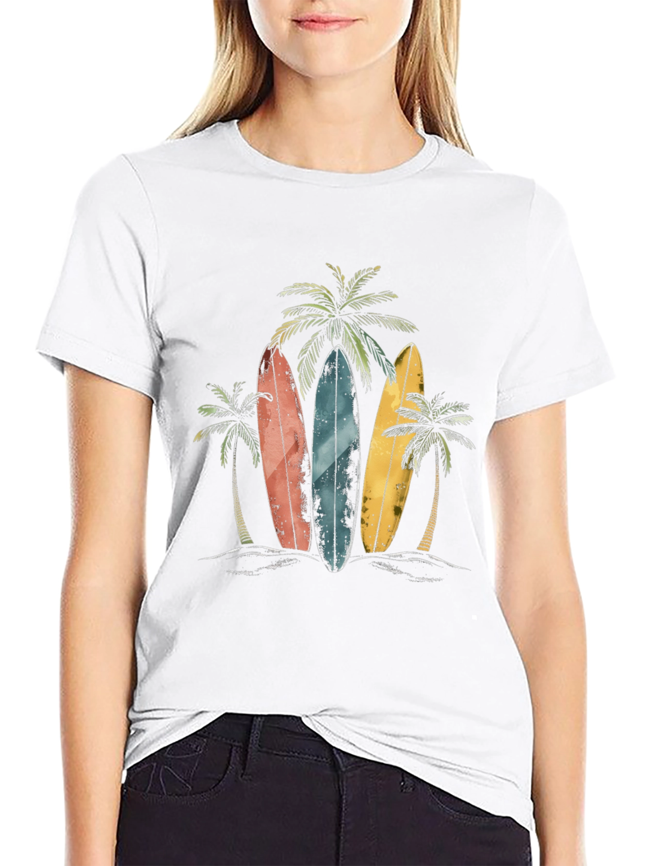 Surfboard Beach T-Shirt with Palm Tree Design