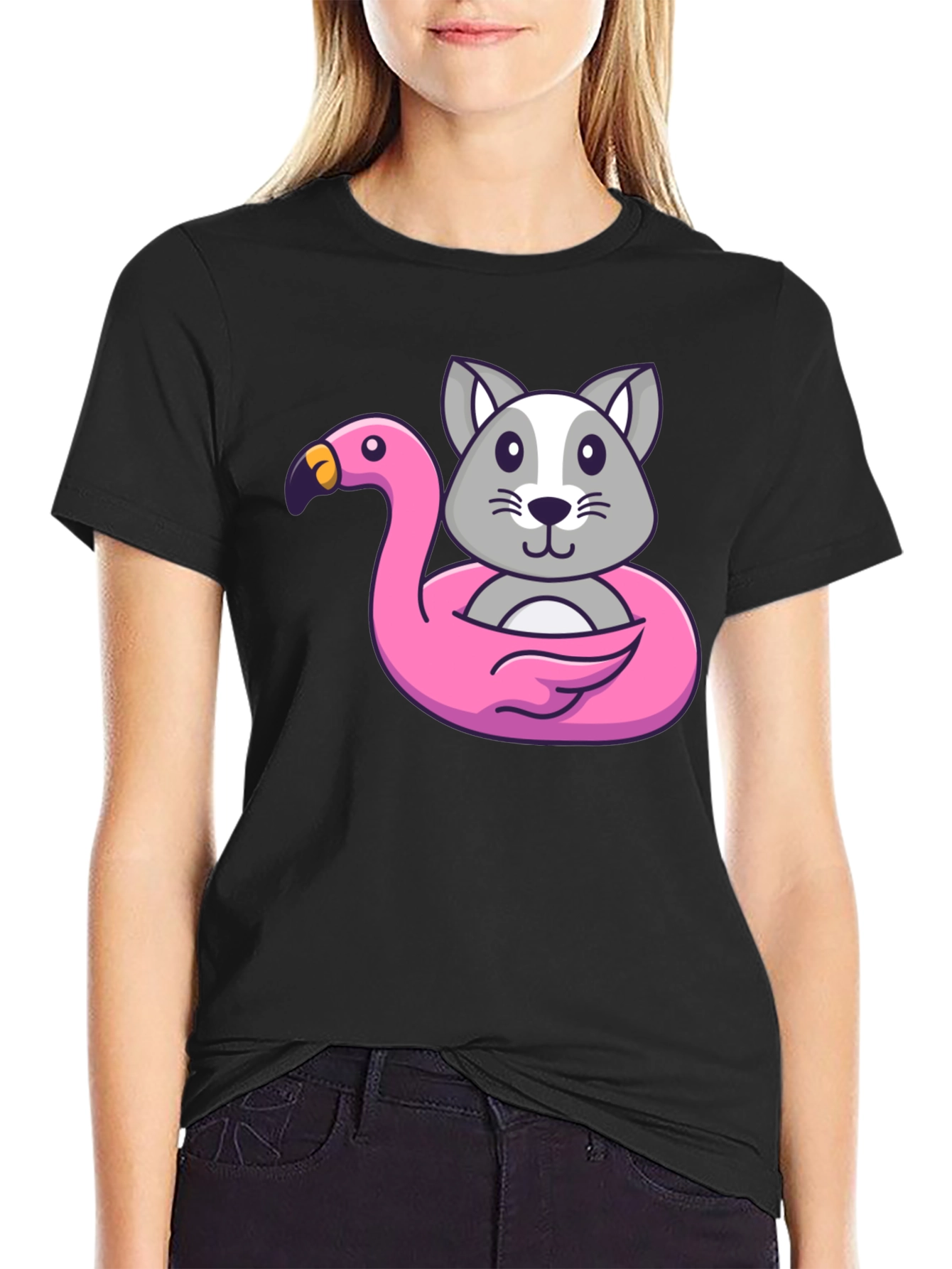 Cute Cartoon Cat Flamingo Float T-Shirt