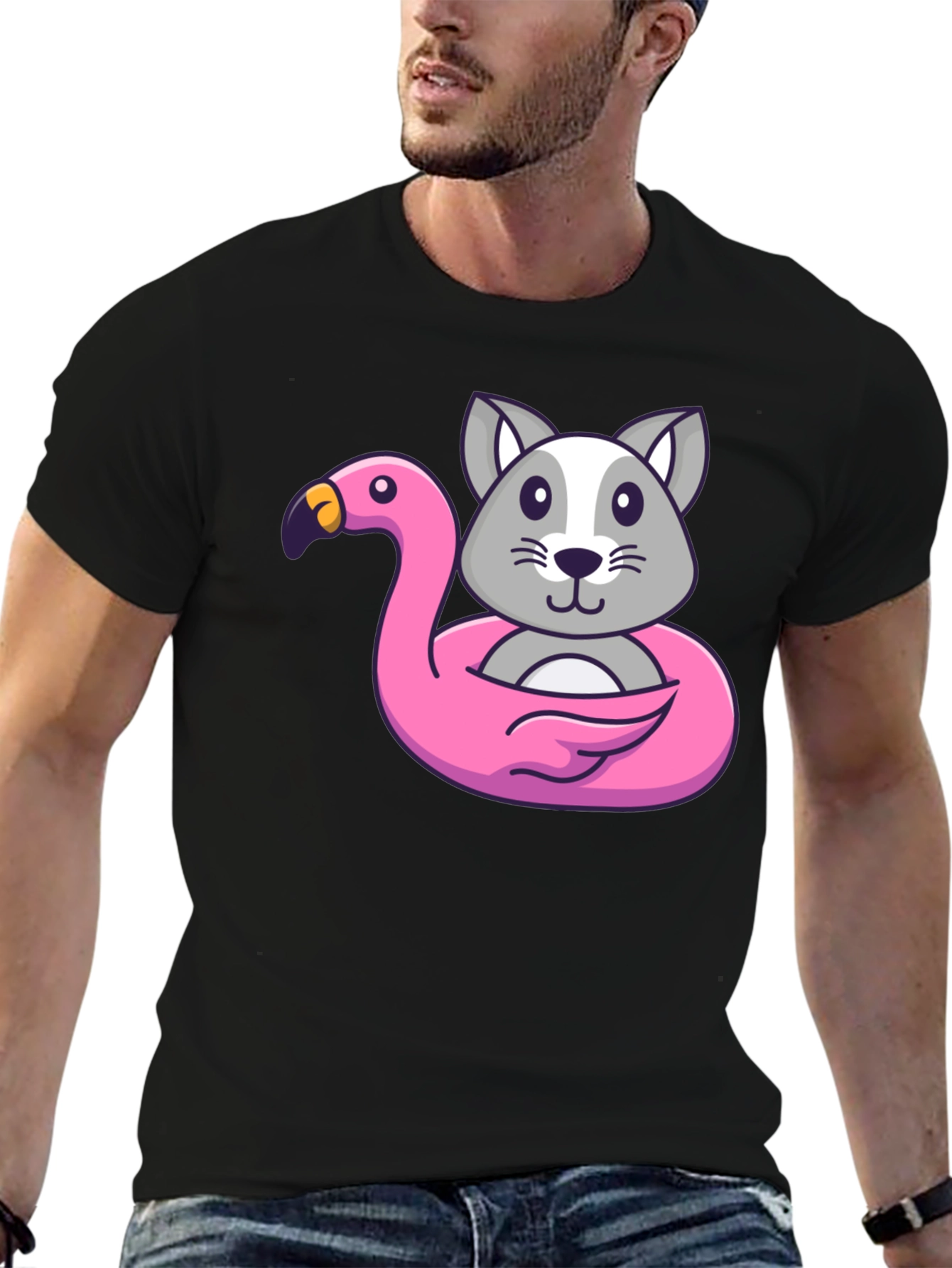 Cute Cartoon Cat Flamingo Float T-Shirt