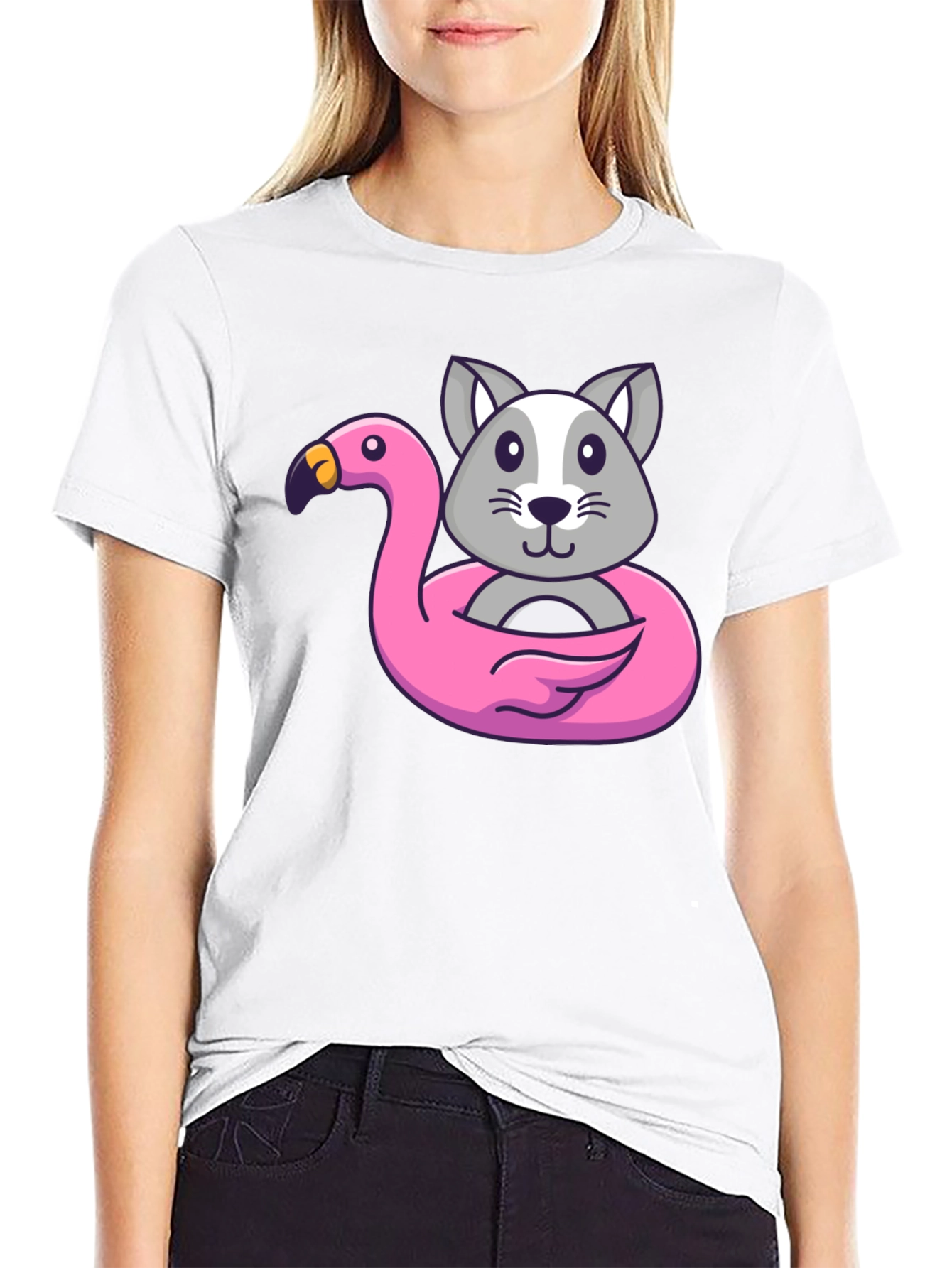 Cute Cartoon Cat Flamingo Float T-Shirt