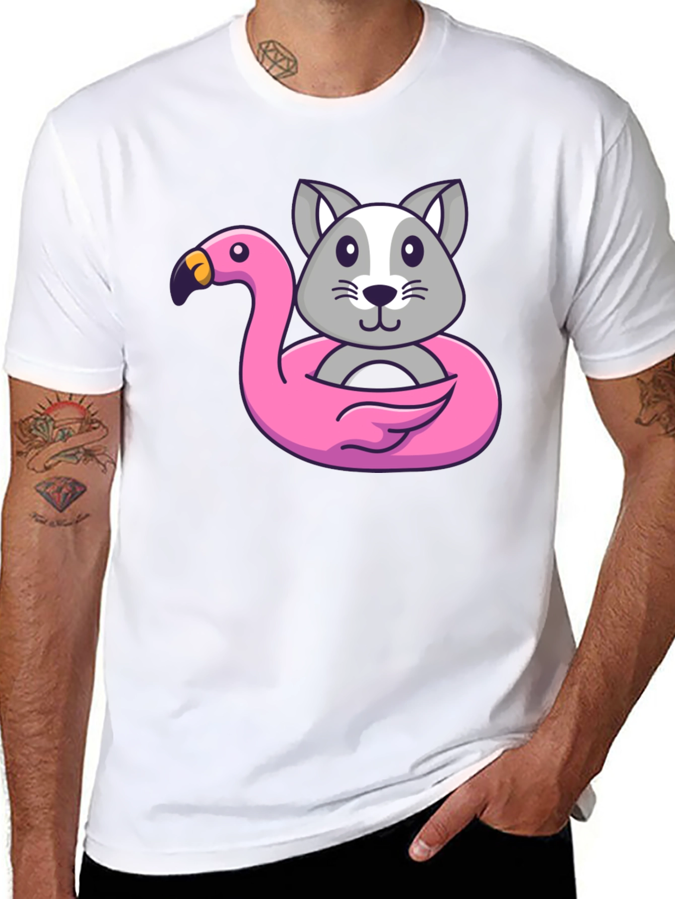 Cute Cartoon Cat Flamingo Float T-Shirt