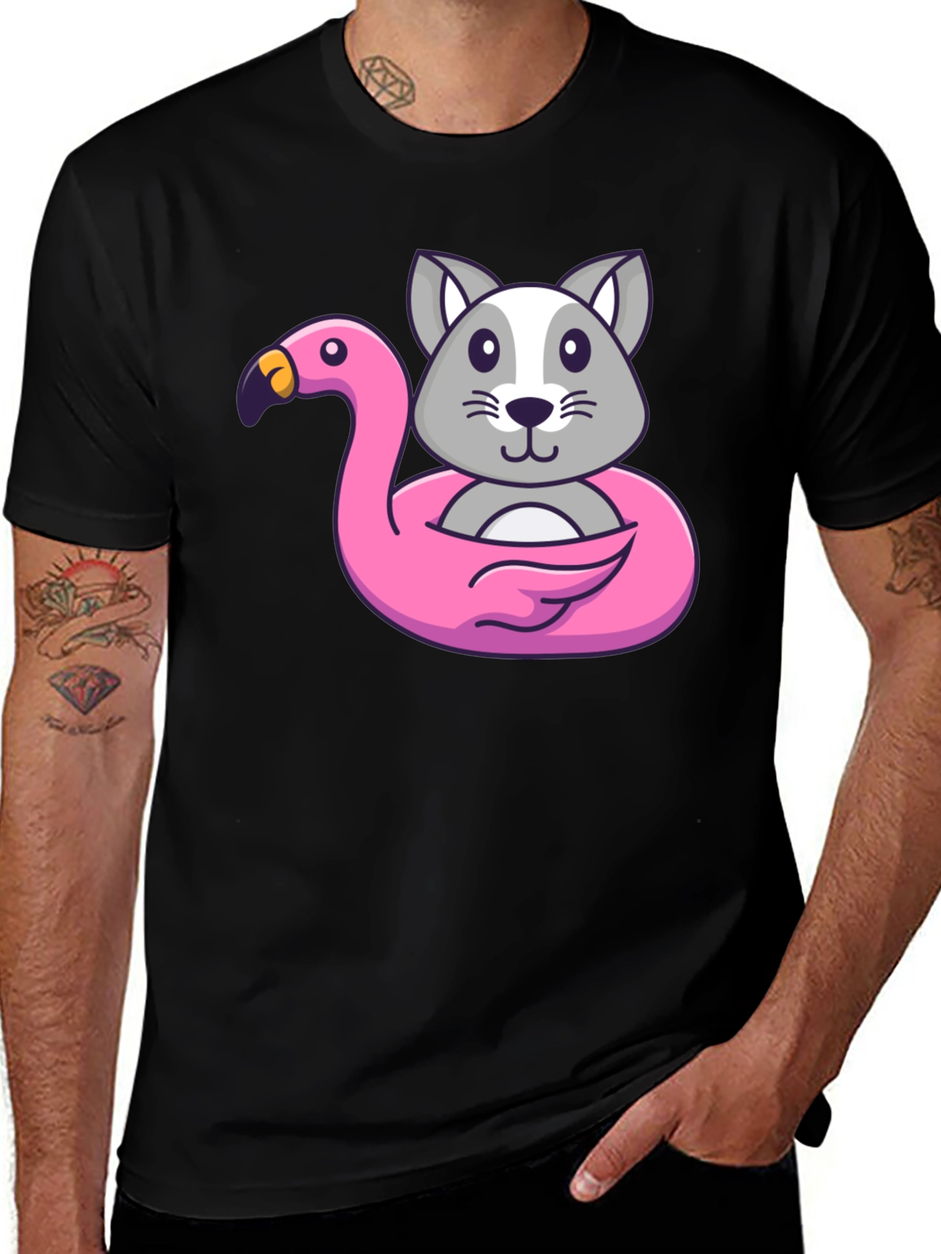 Cute Cartoon Cat Flamingo Float T-Shirt