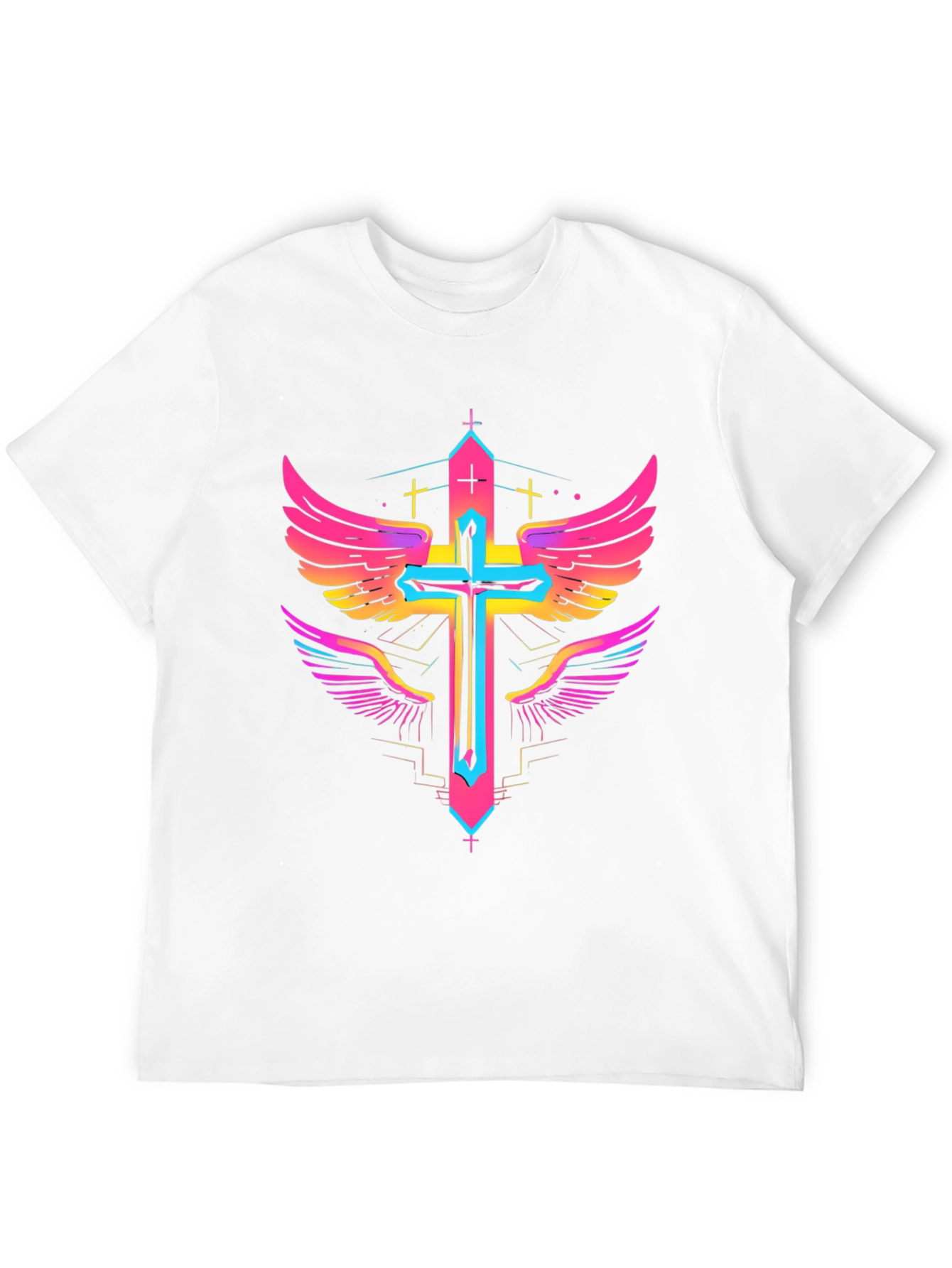 Winged Cross Graphic Tee - Bold Neon Design