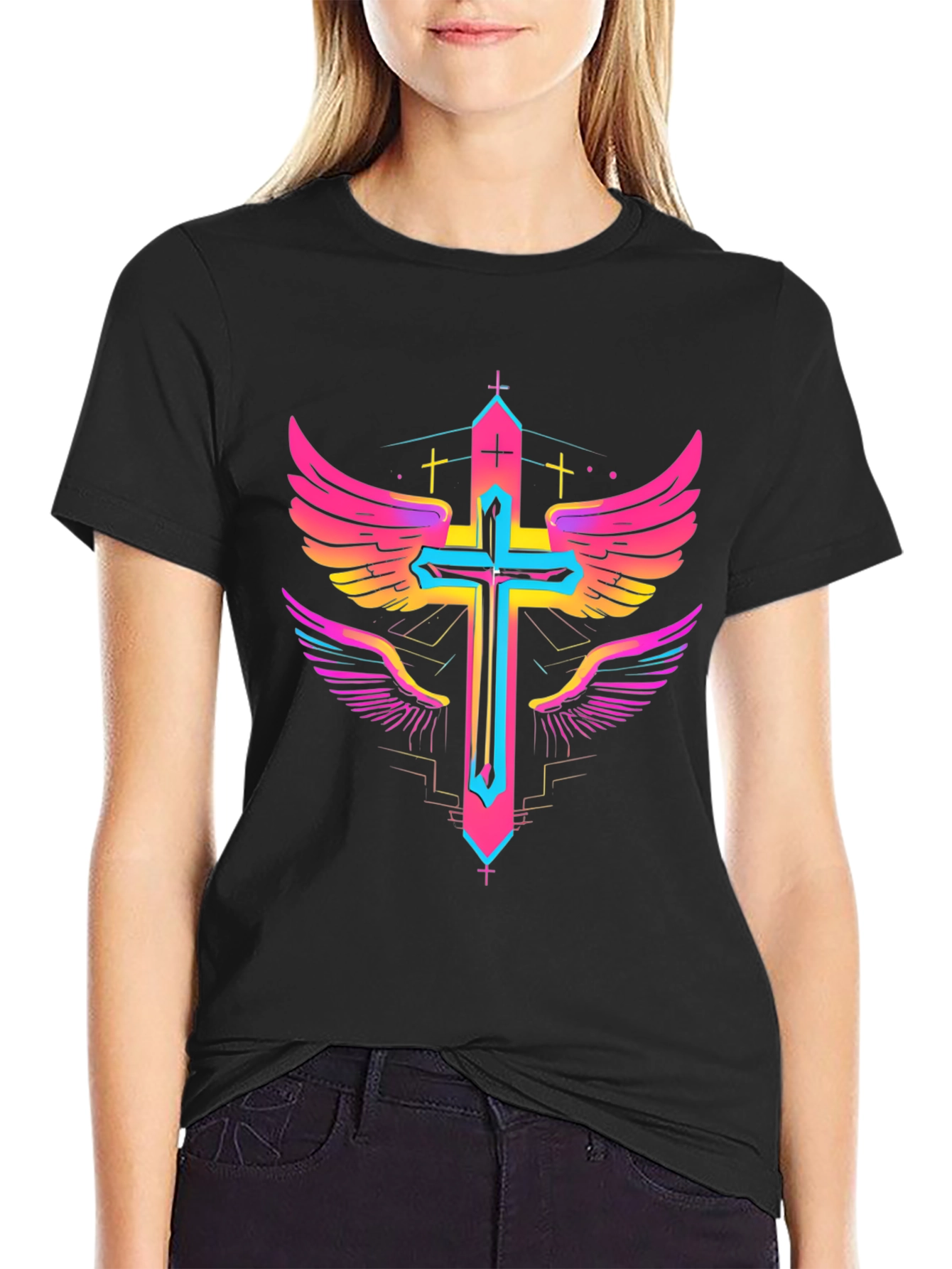 Winged Cross Graphic Tee - Bold Neon Design