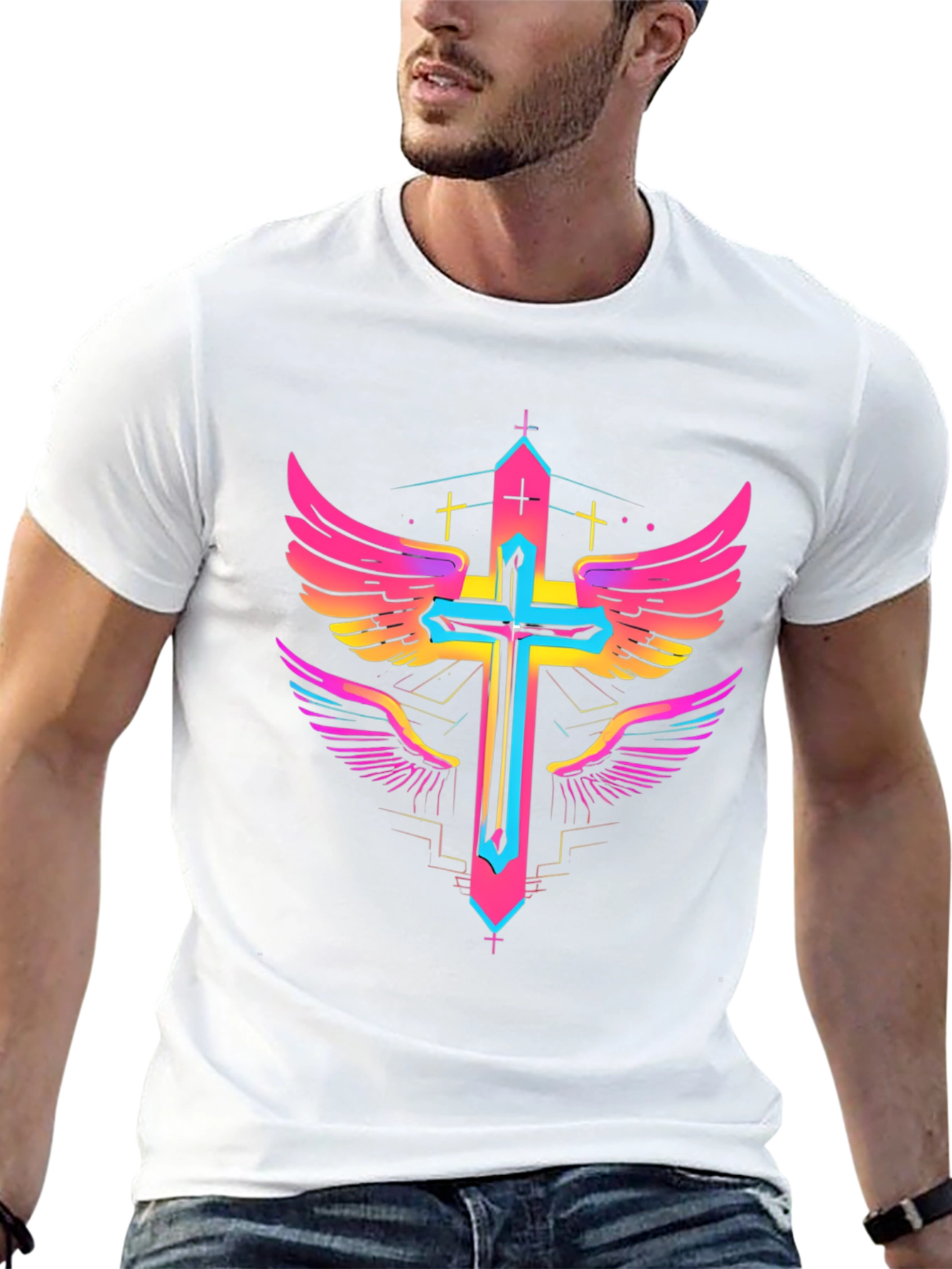 Winged Cross Graphic Tee - Bold Neon Design