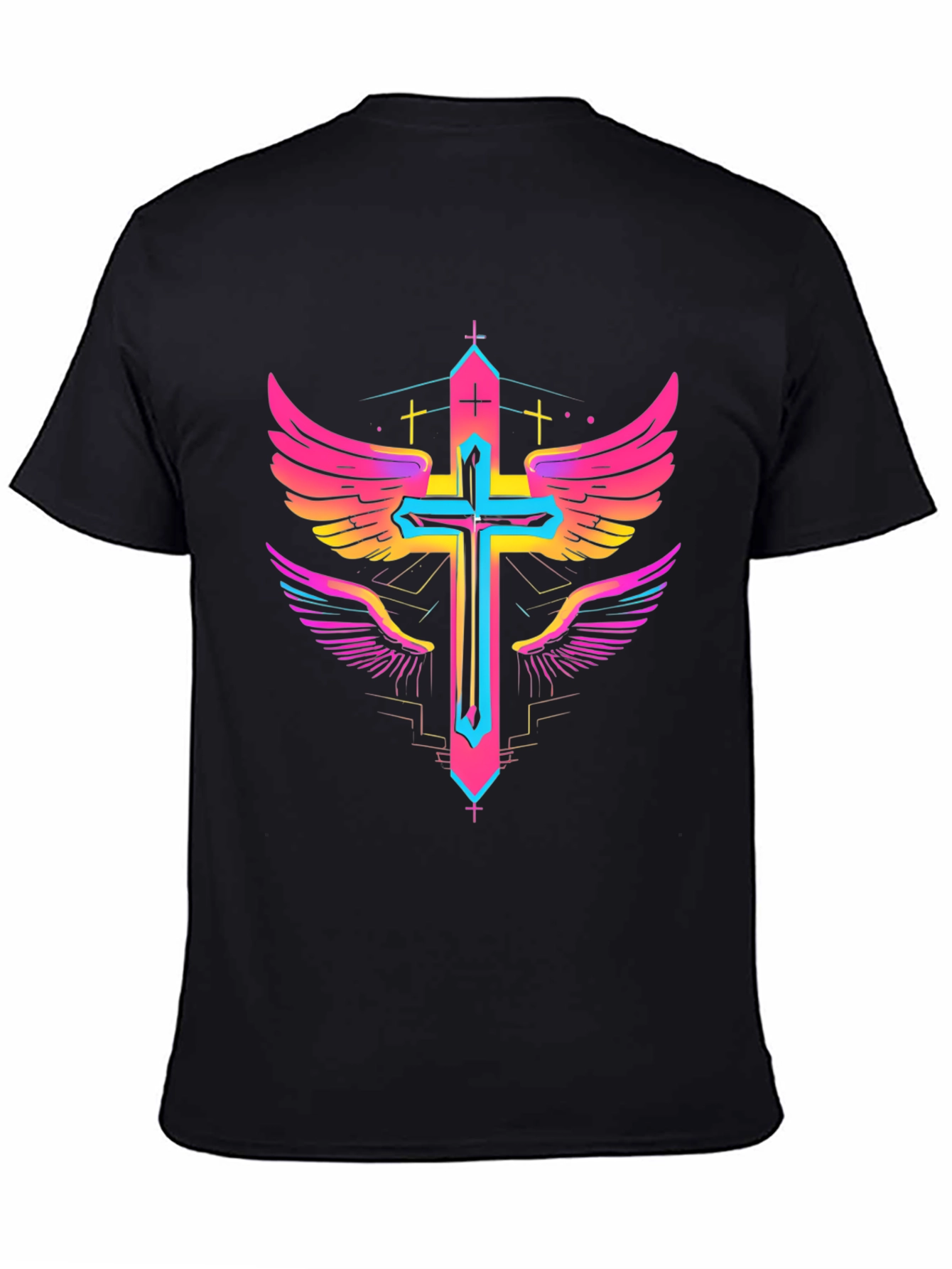 Winged Cross Graphic Tee - Bold Neon Design