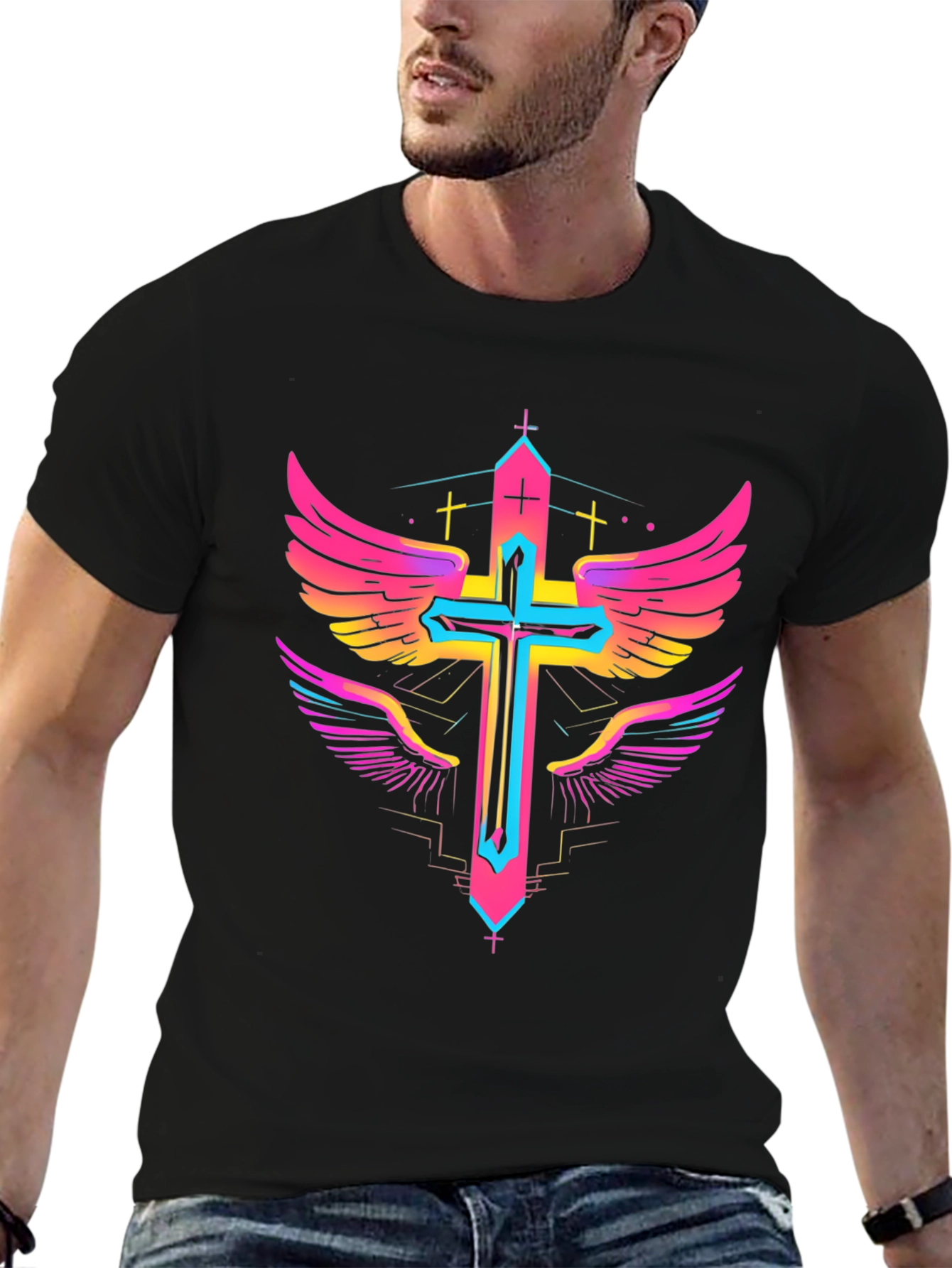 Winged Cross Graphic Tee - Bold Neon Design