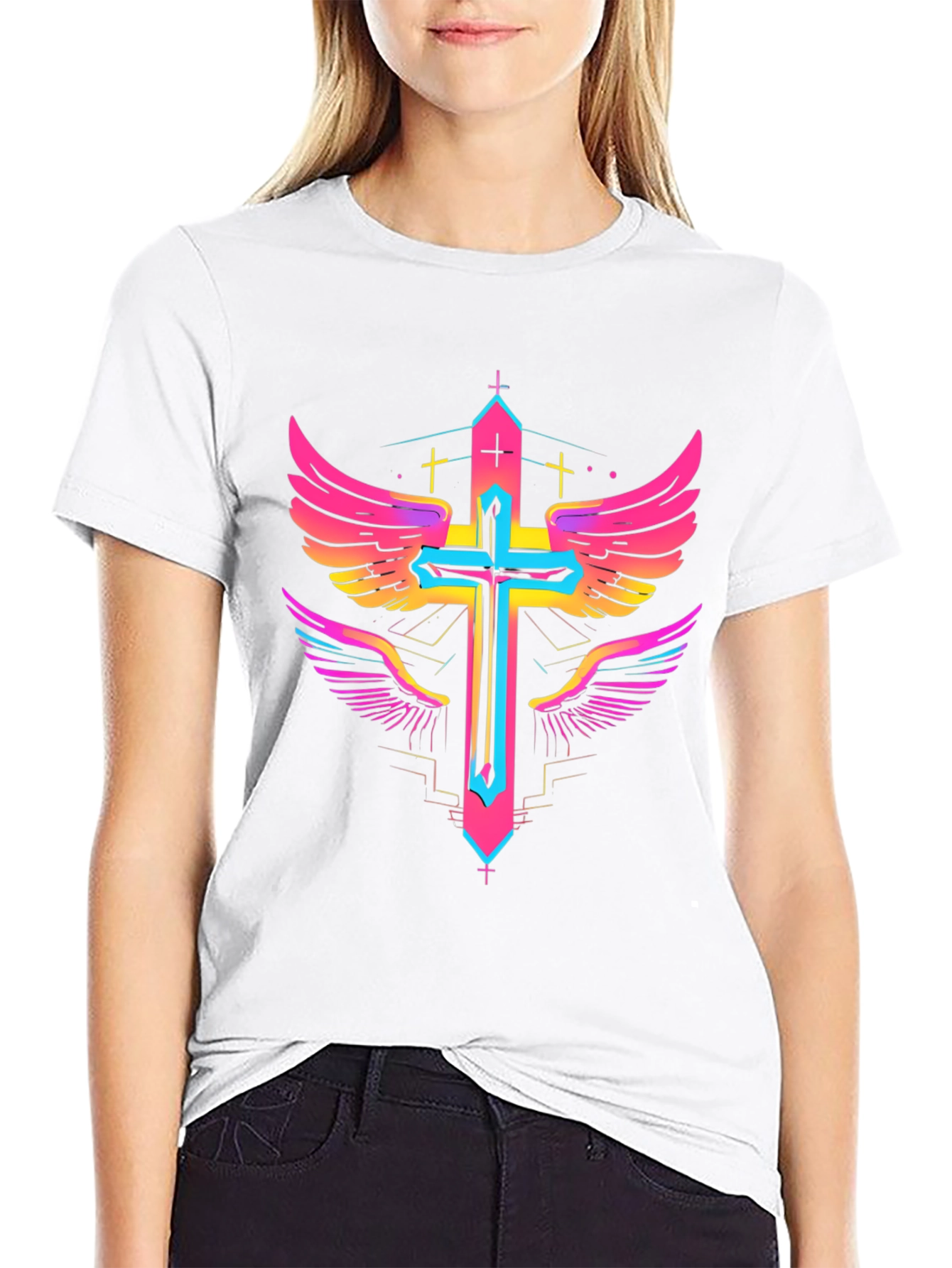 Winged Cross Graphic Tee - Bold Neon Design