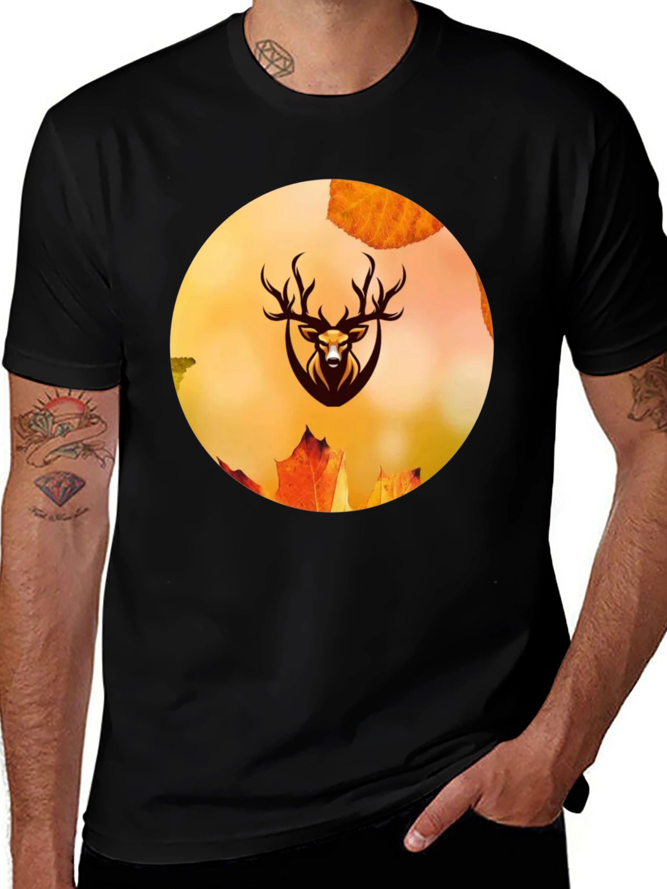 Deer Fall Leaves T-Shirt - Nature Inspired Mens Tee