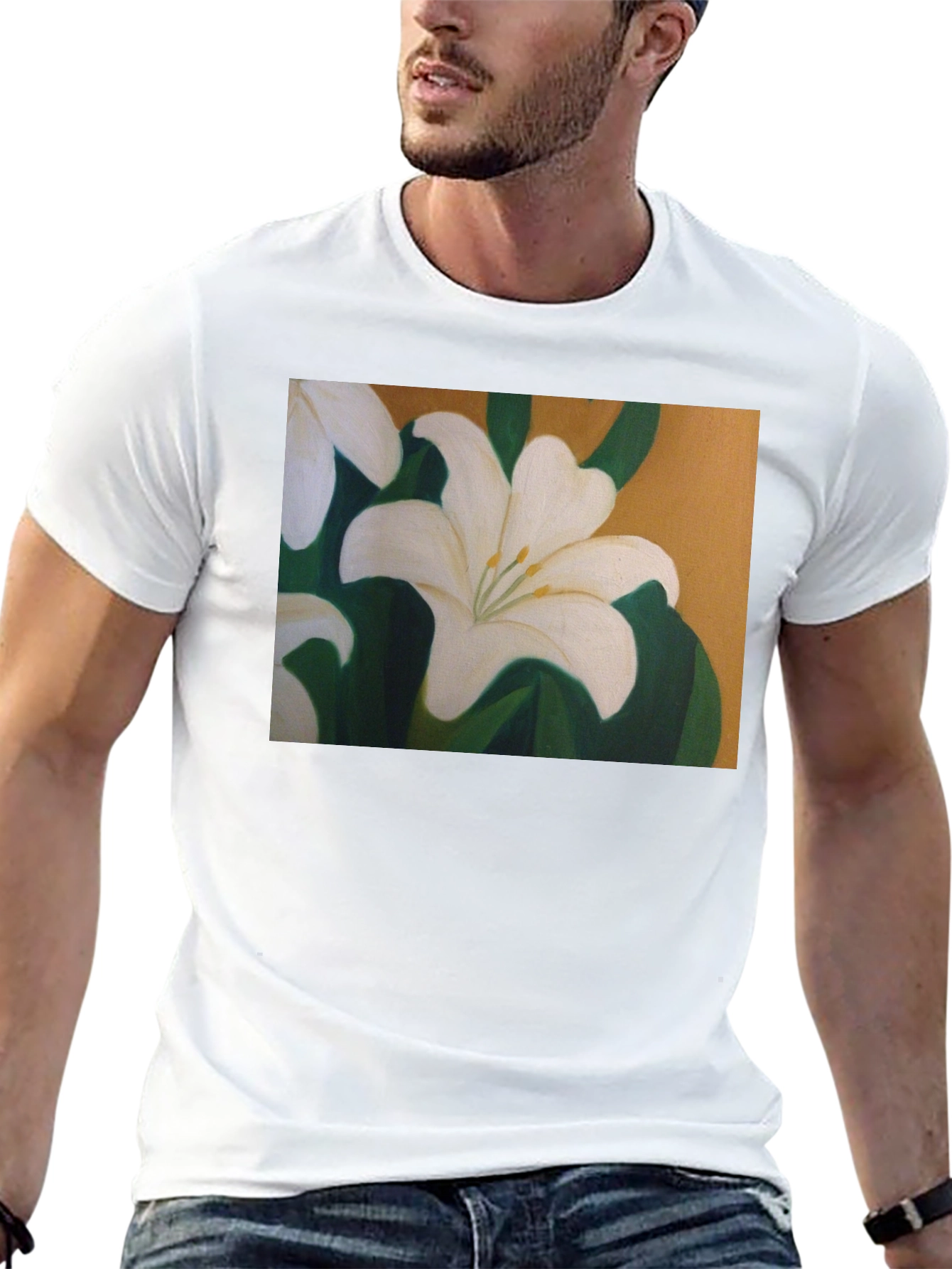 White Lily Flower Graphic Black T-Shirt