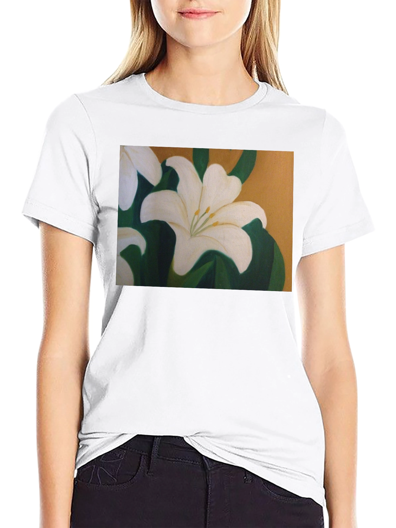 White Lily Flower Graphic Black T-Shirt