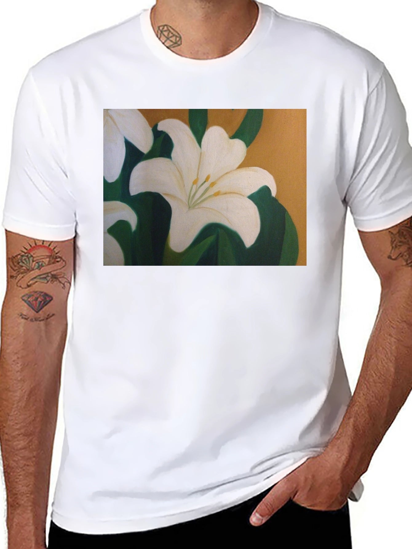 White Lily Flower Graphic Black T-Shirt