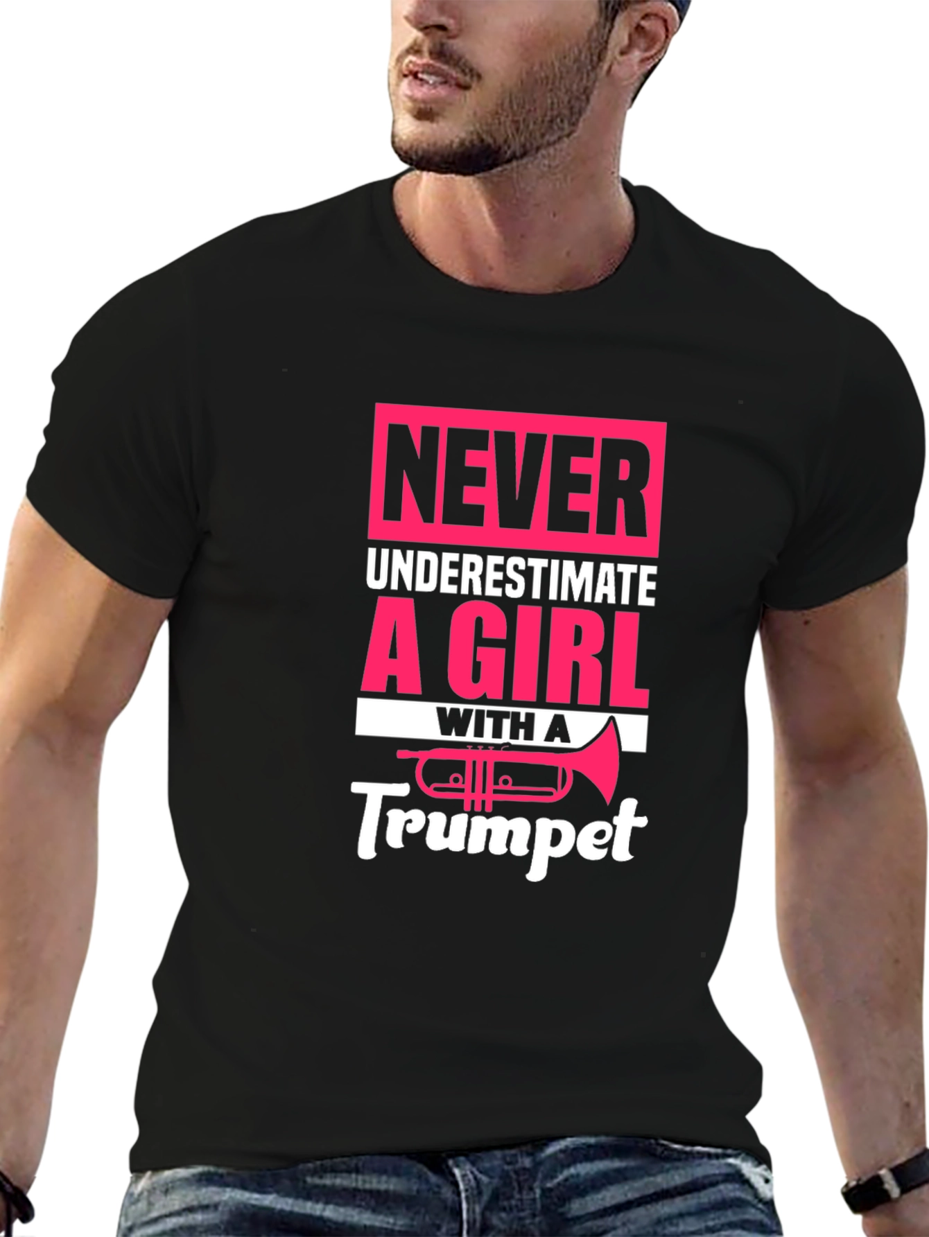 Never Underestimate Girl With Trumpet Black T-Shirt