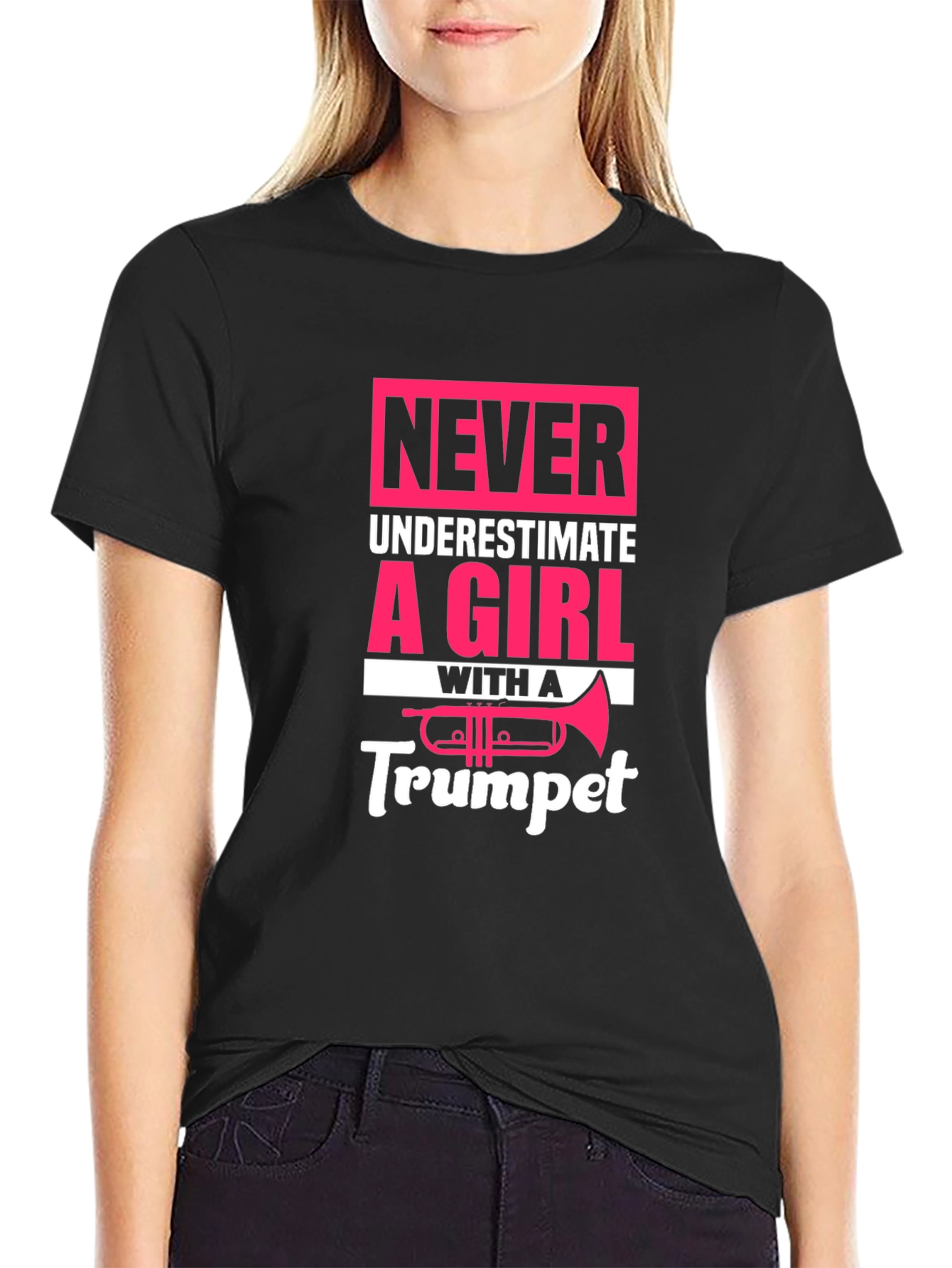 Never Underestimate Girl With Trumpet Black T-Shirt