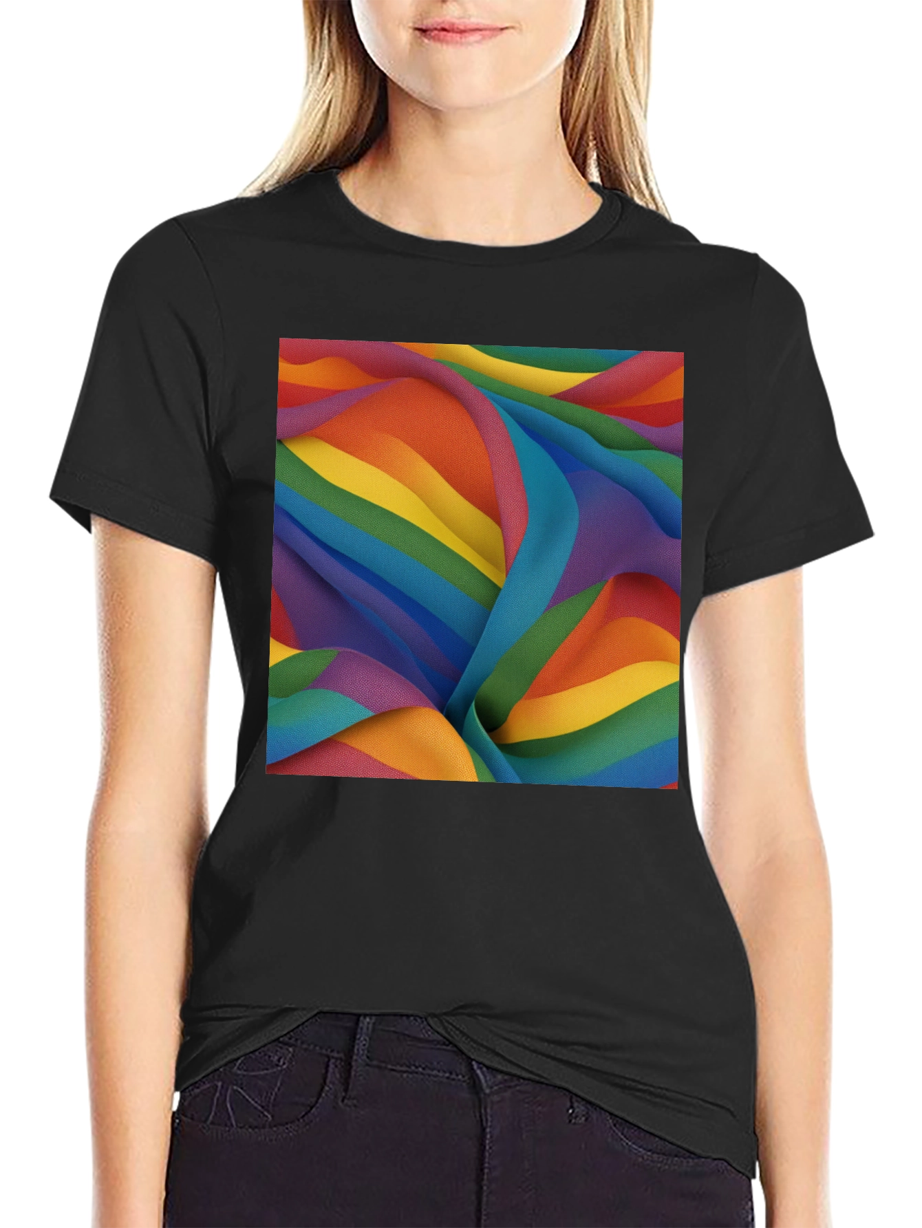 Rainbow Fabric Pattern Black T-Shirt