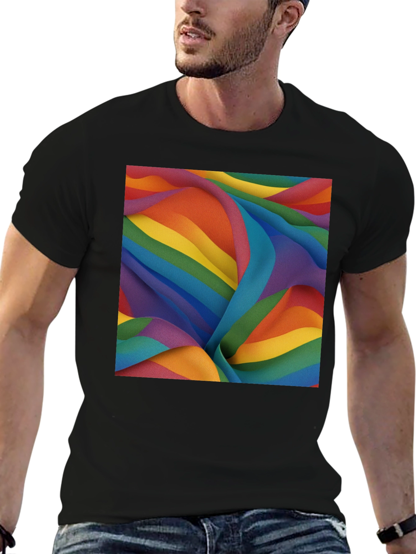 Rainbow Fabric Pattern Black T-Shirt
