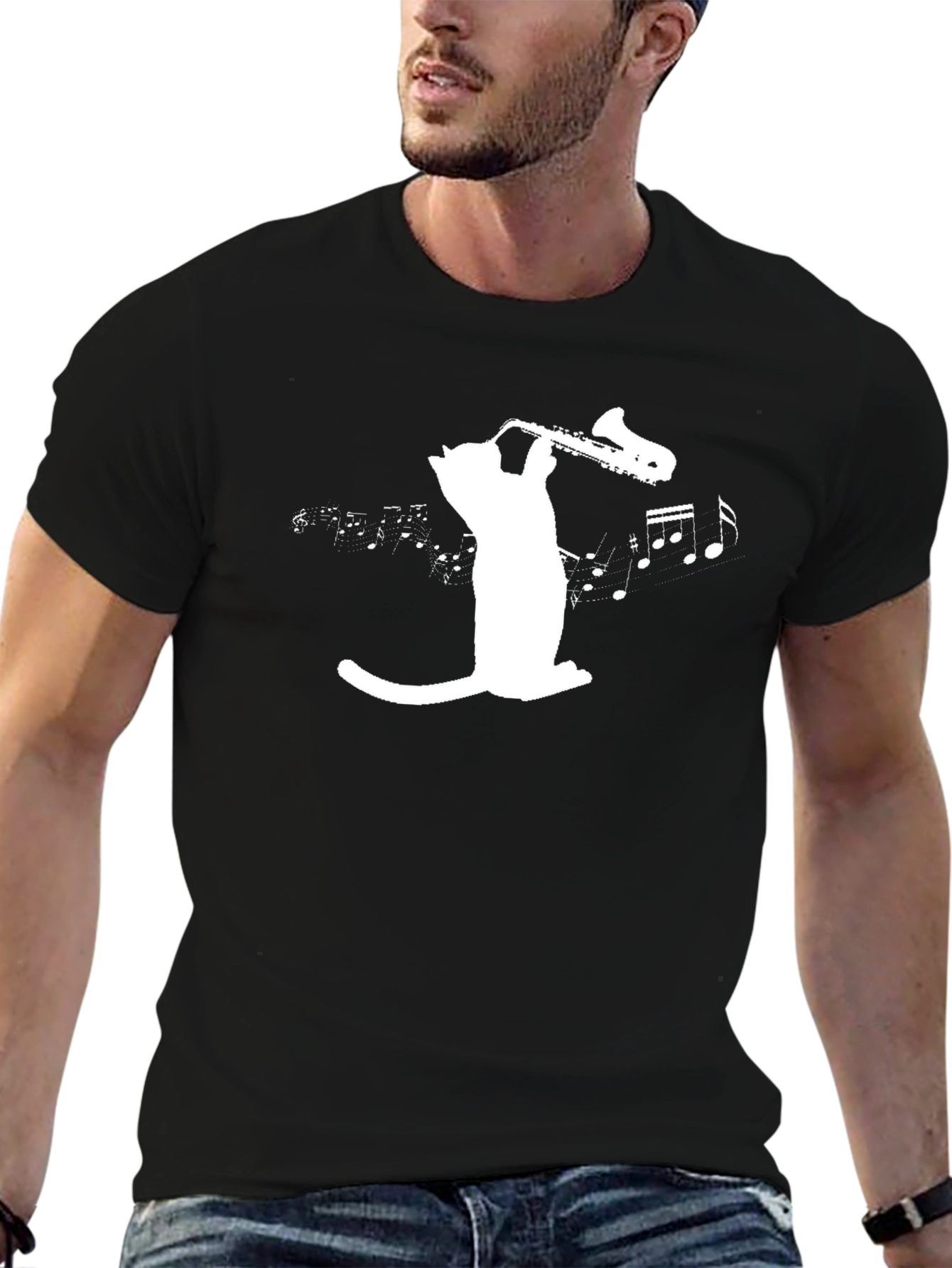 Cat Saxophone T-Shirt - Music Lover Tee