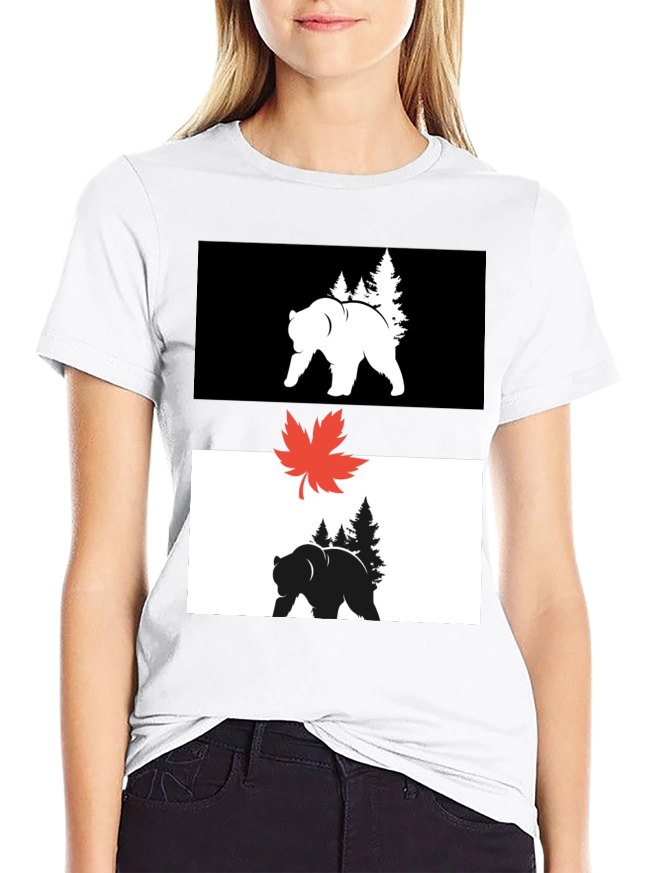 Black Graphic Tee: Bear & Maple Leaf Design