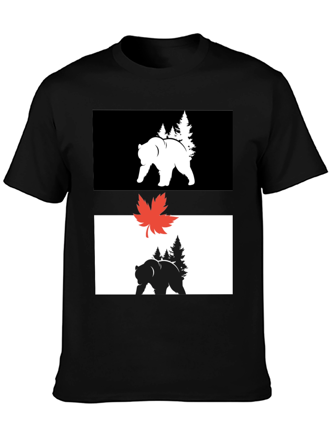 Black Graphic Tee: Bear & Maple Leaf Design