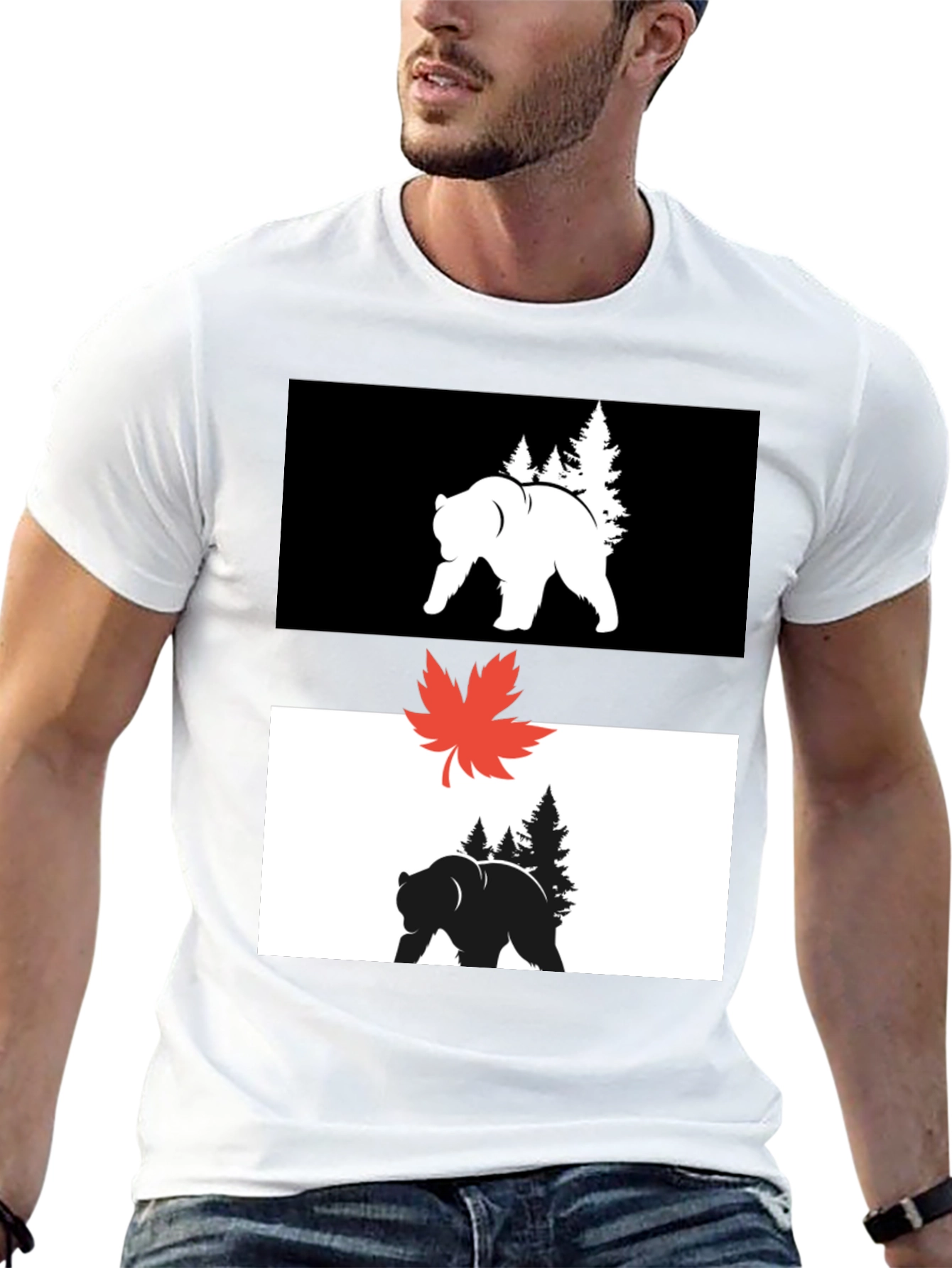 Black Graphic Tee: Bear & Maple Leaf Design