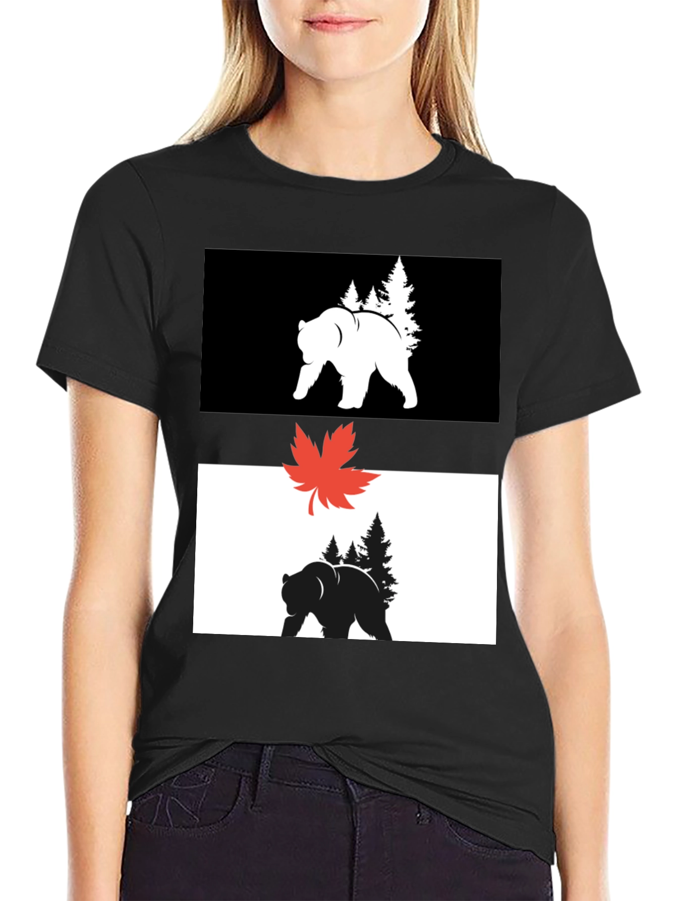 Black Graphic Tee: Bear & Maple Leaf Design