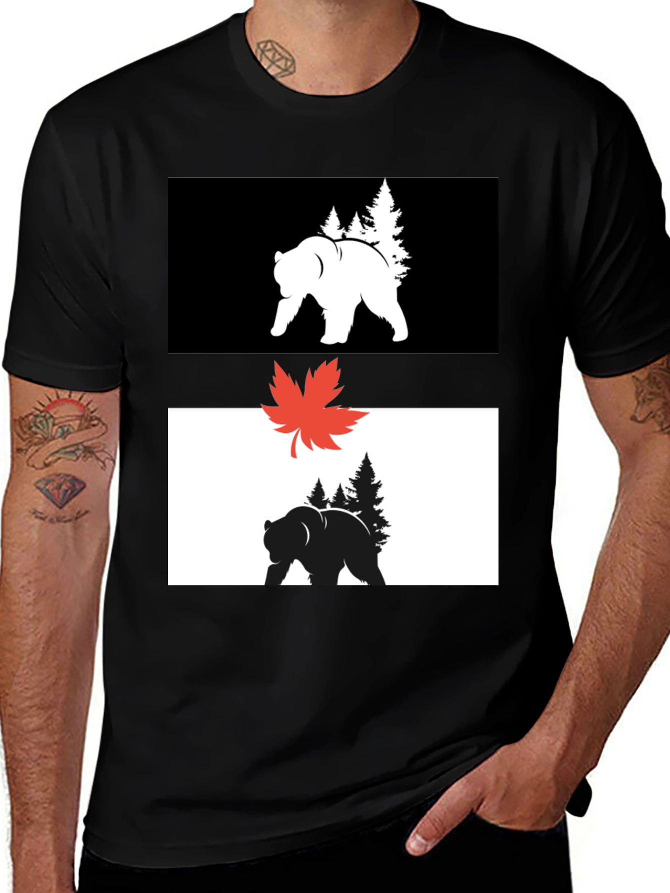 Black Graphic Tee: Bear & Maple Leaf Design