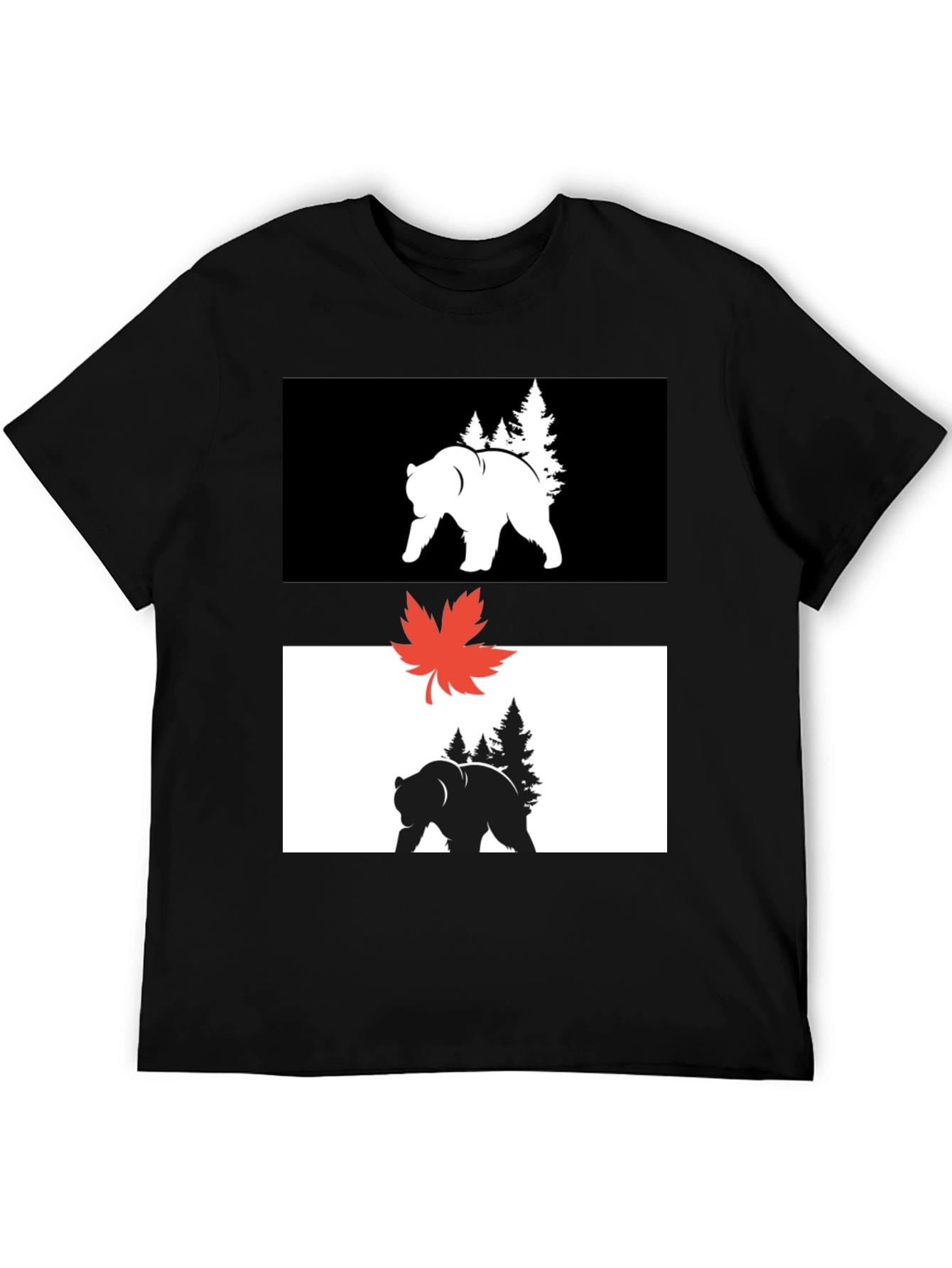 Black Graphic Tee: Bear & Maple Leaf Design
