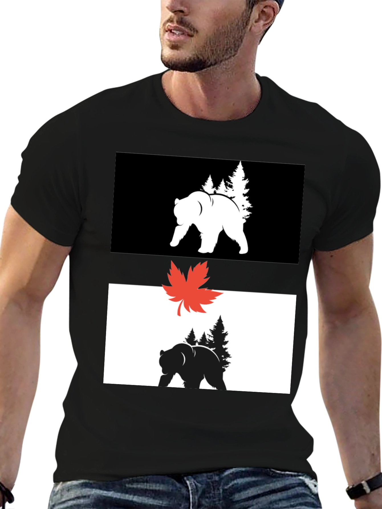Black Graphic Tee: Bear & Maple Leaf Design
