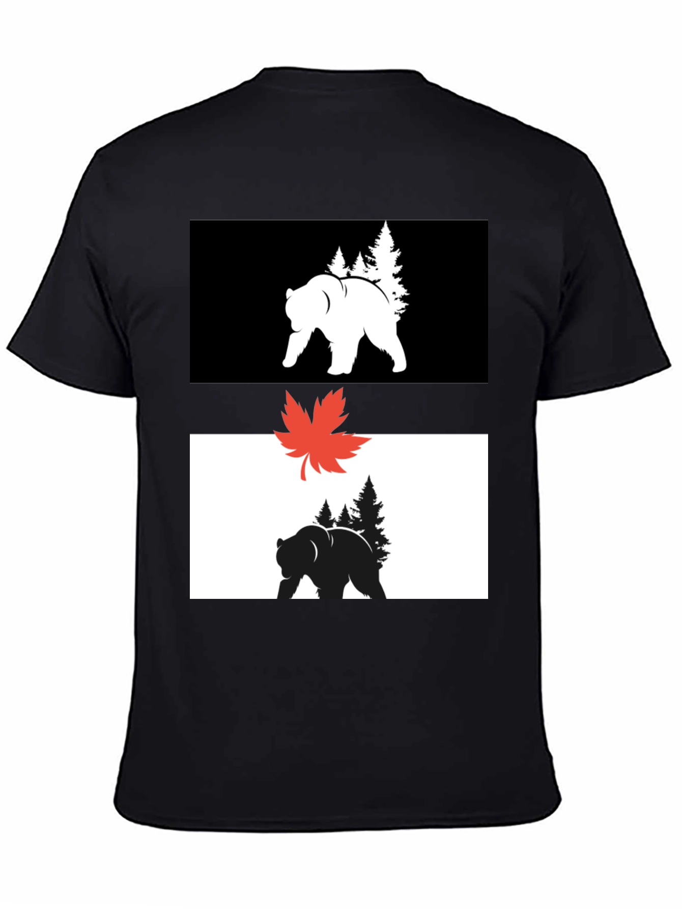 Black Graphic Tee: Bear & Maple Leaf Design