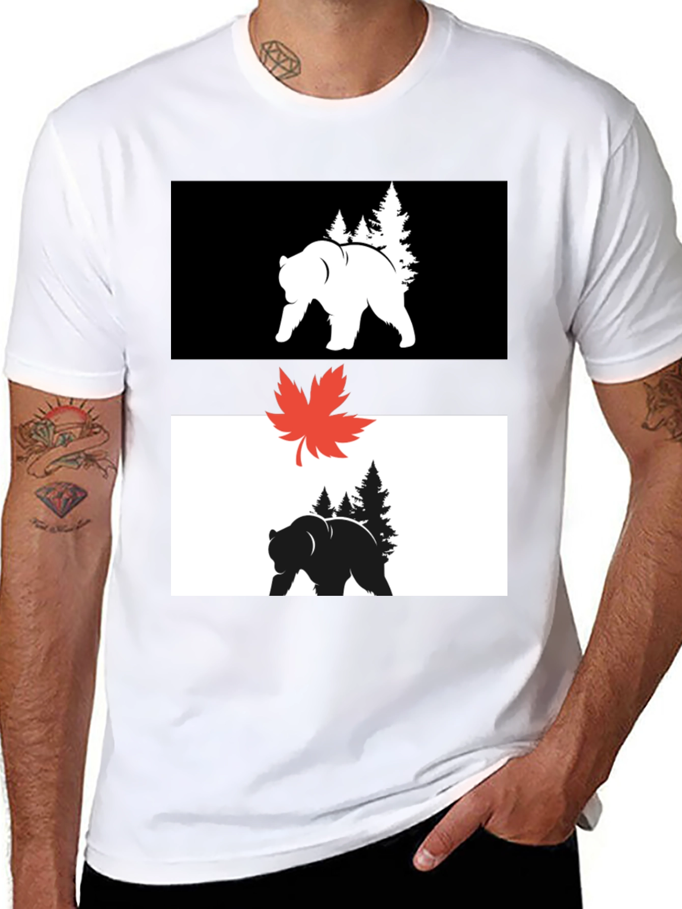 Black Graphic Tee: Bear & Maple Leaf Design