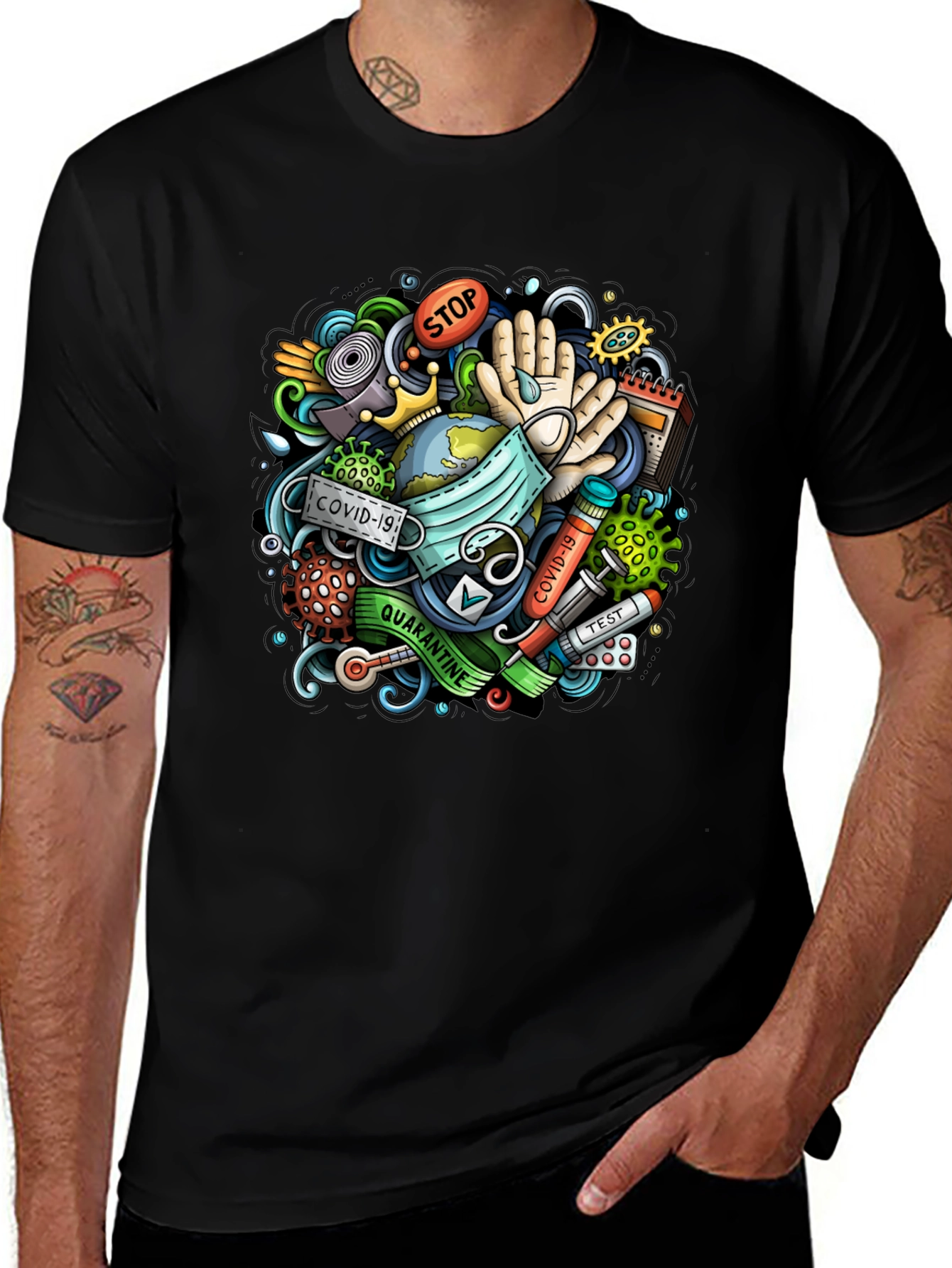 COVID-19 Cartoon Graphic Black T-Shirt