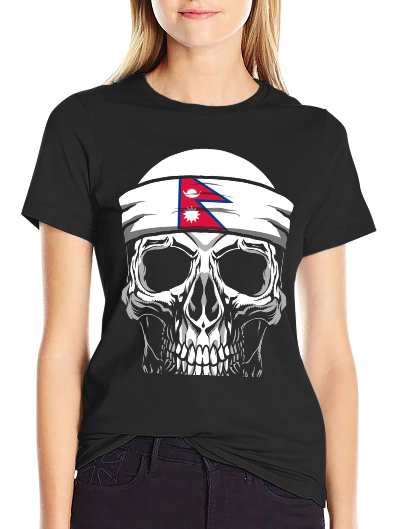 Skull Nepal Flag Headband Mens Graphic T-Shirt