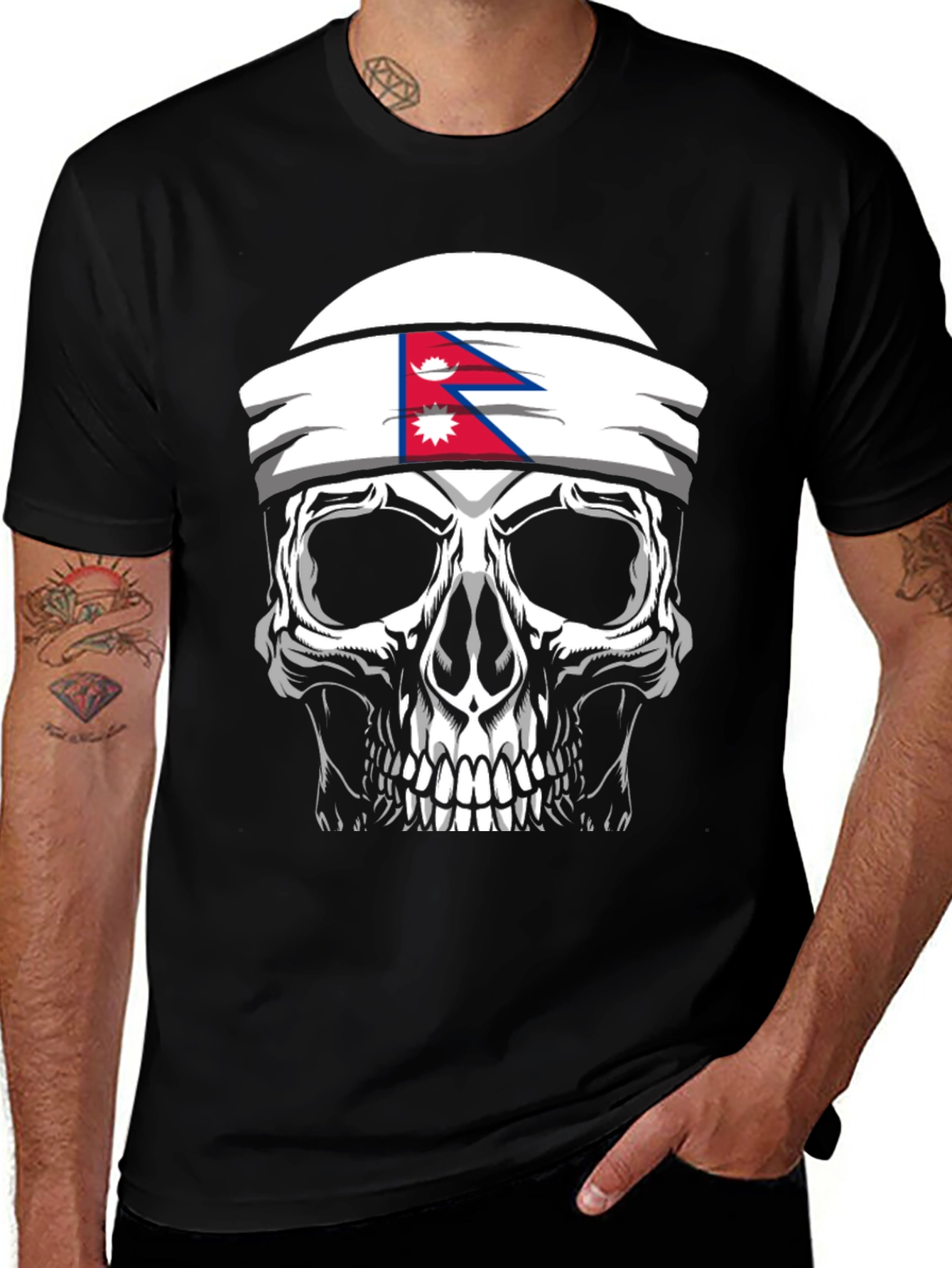 Skull Nepal Flag Headband Mens Graphic T-Shirt