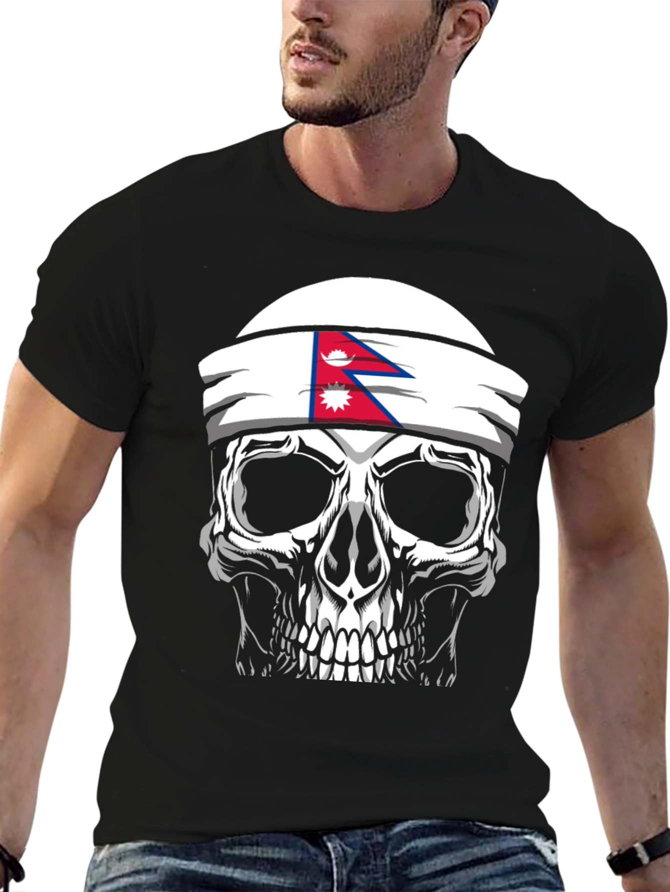 Skull Nepal Flag Headband Mens Graphic T-Shirt