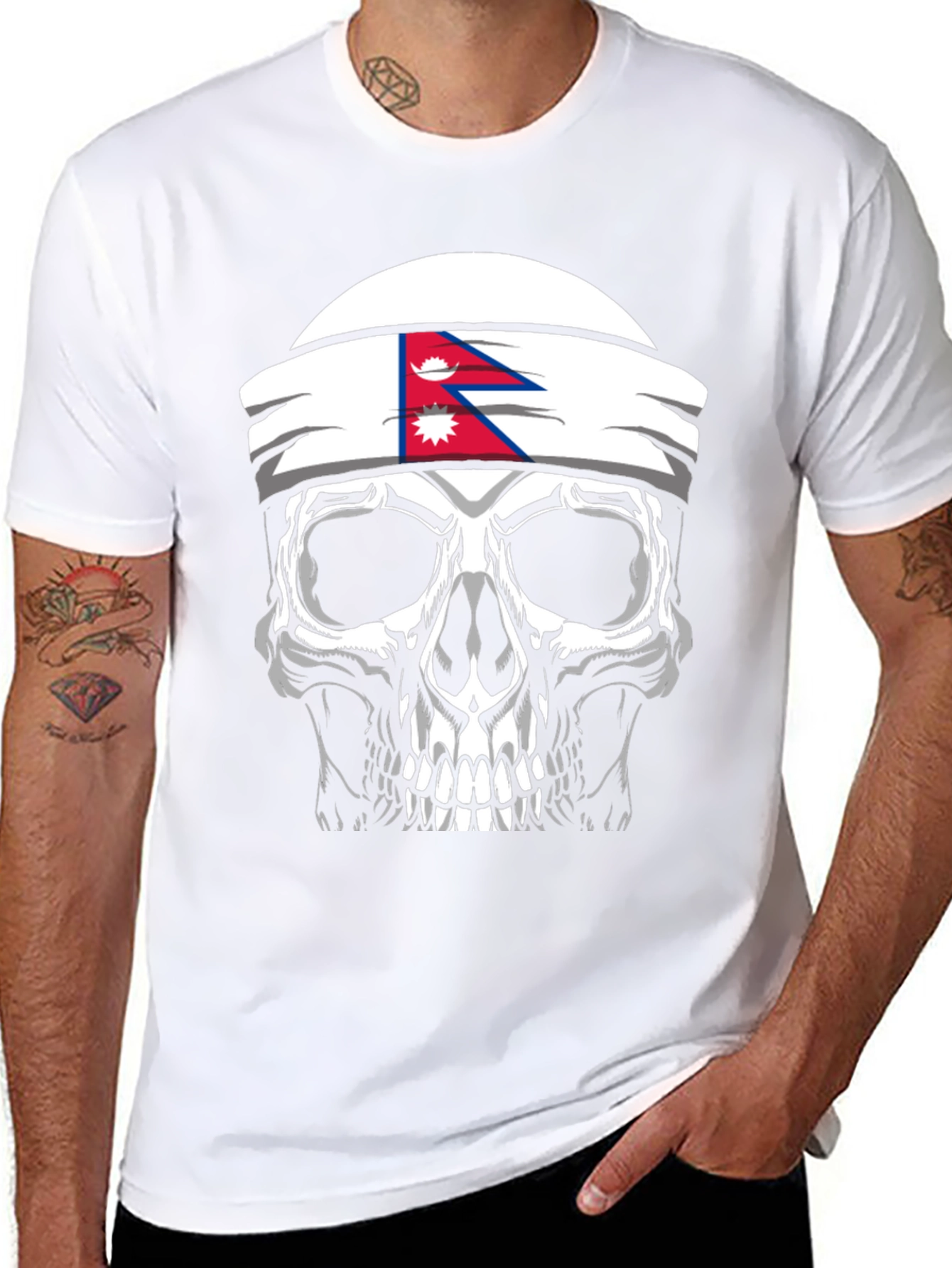 Skull Nepal Flag Headband Mens Graphic T-Shirt