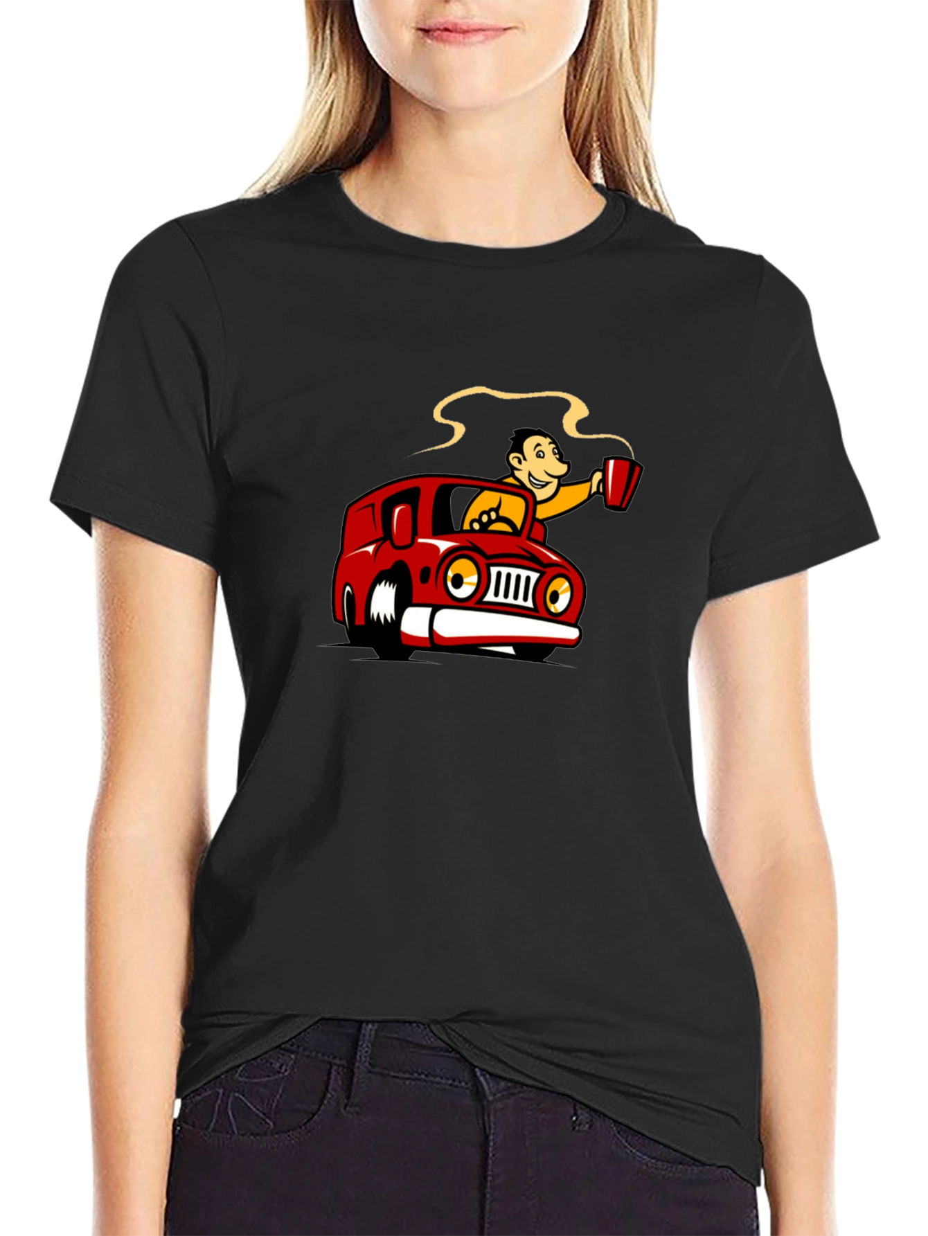 Coffee Car Cartoon Black T-Shirt