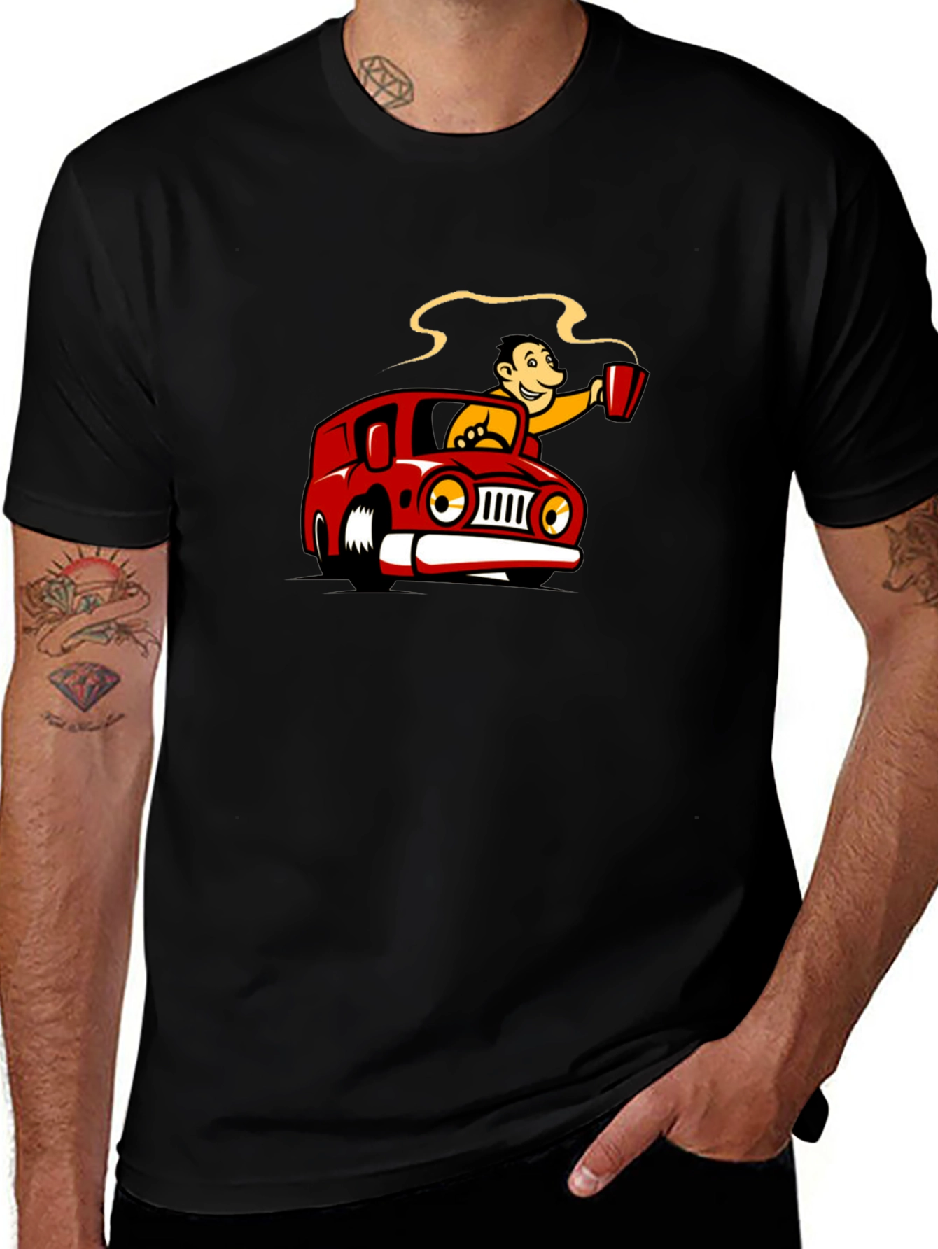 Coffee Car Cartoon Black T-Shirt