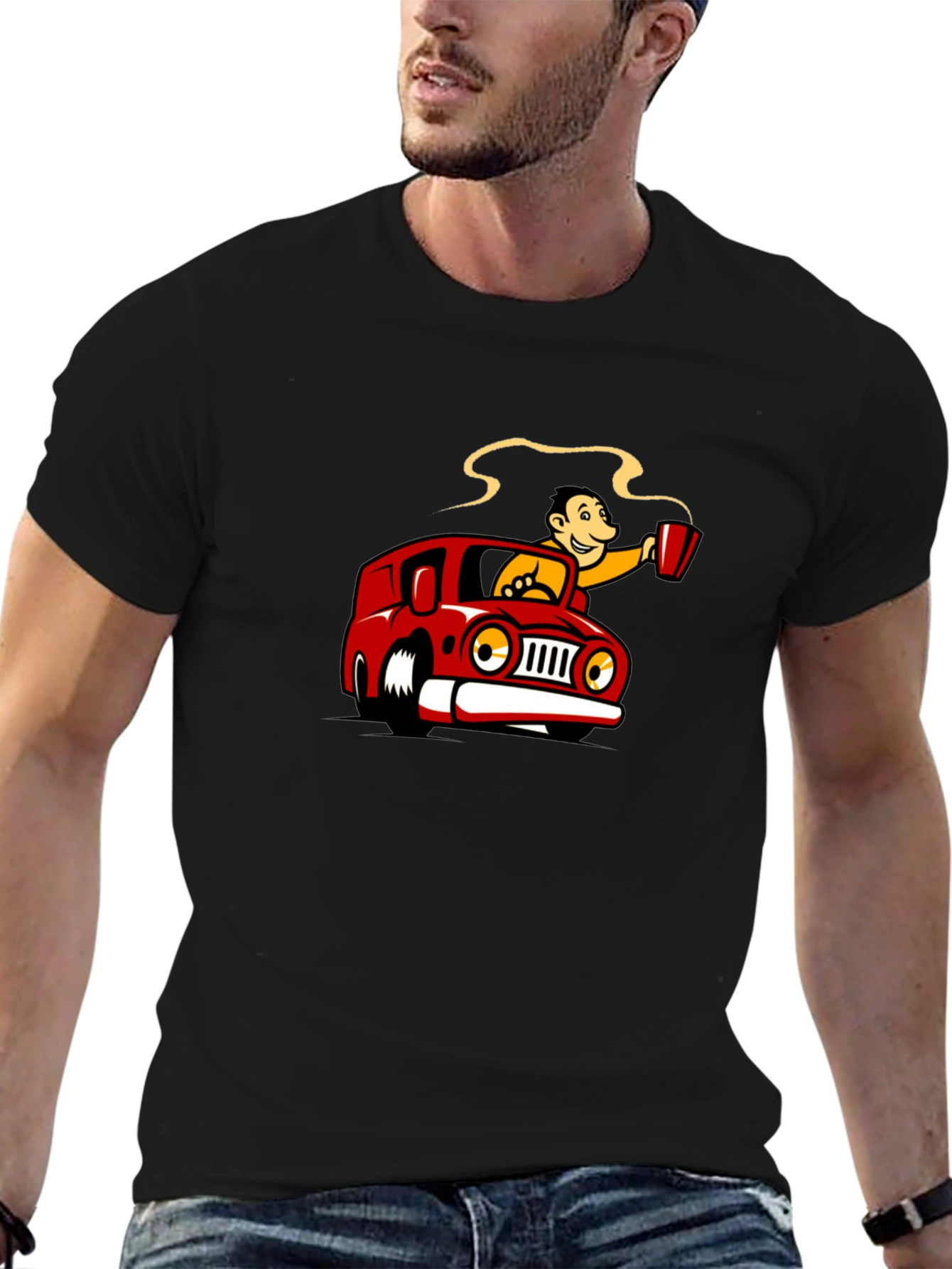 Coffee Car Cartoon Black T-Shirt