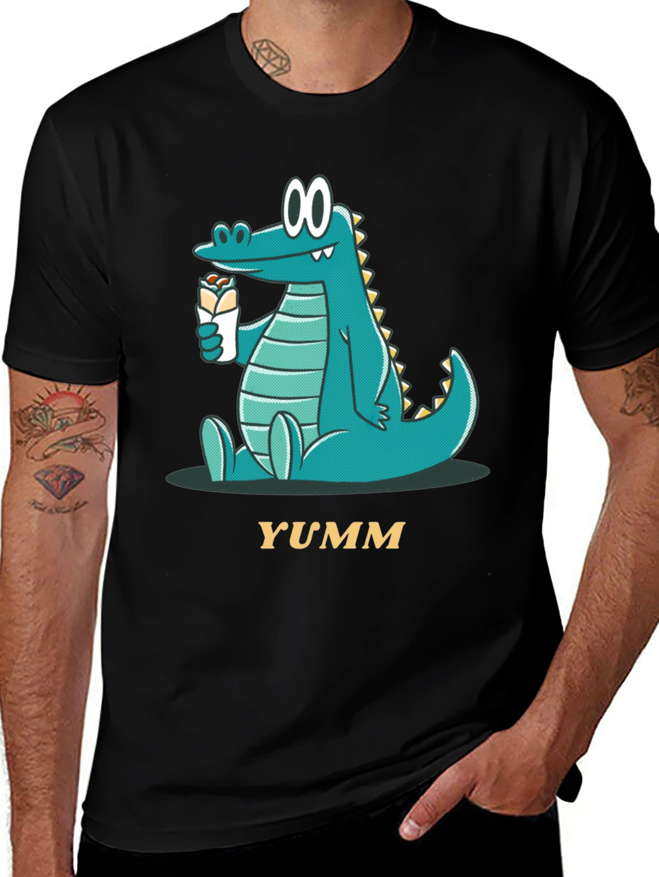 Cartoon Alligator Eating Wrap - Mens Black T-Shirt