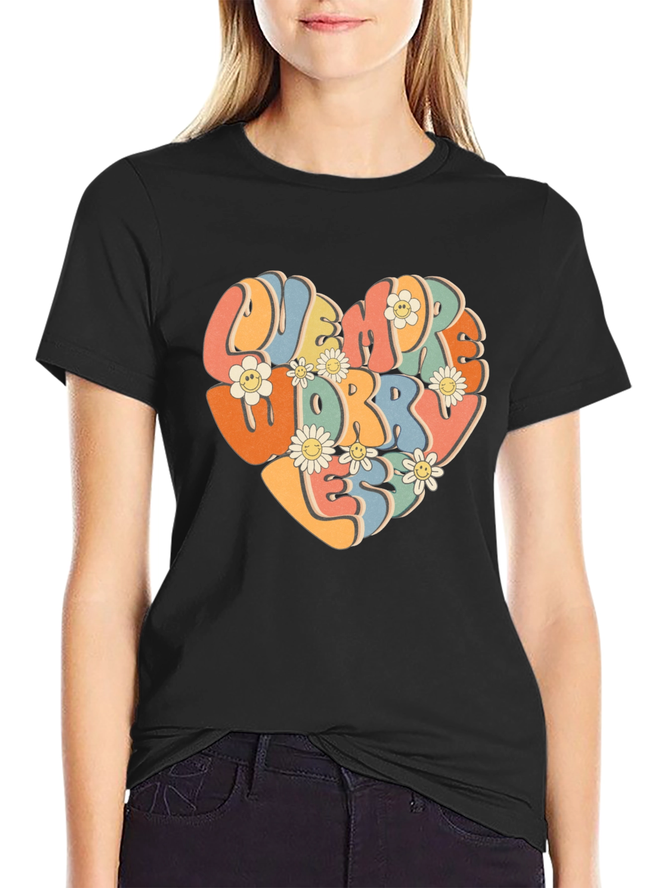 Retro Flower Heart Graphic T-Shirt - Worry Less