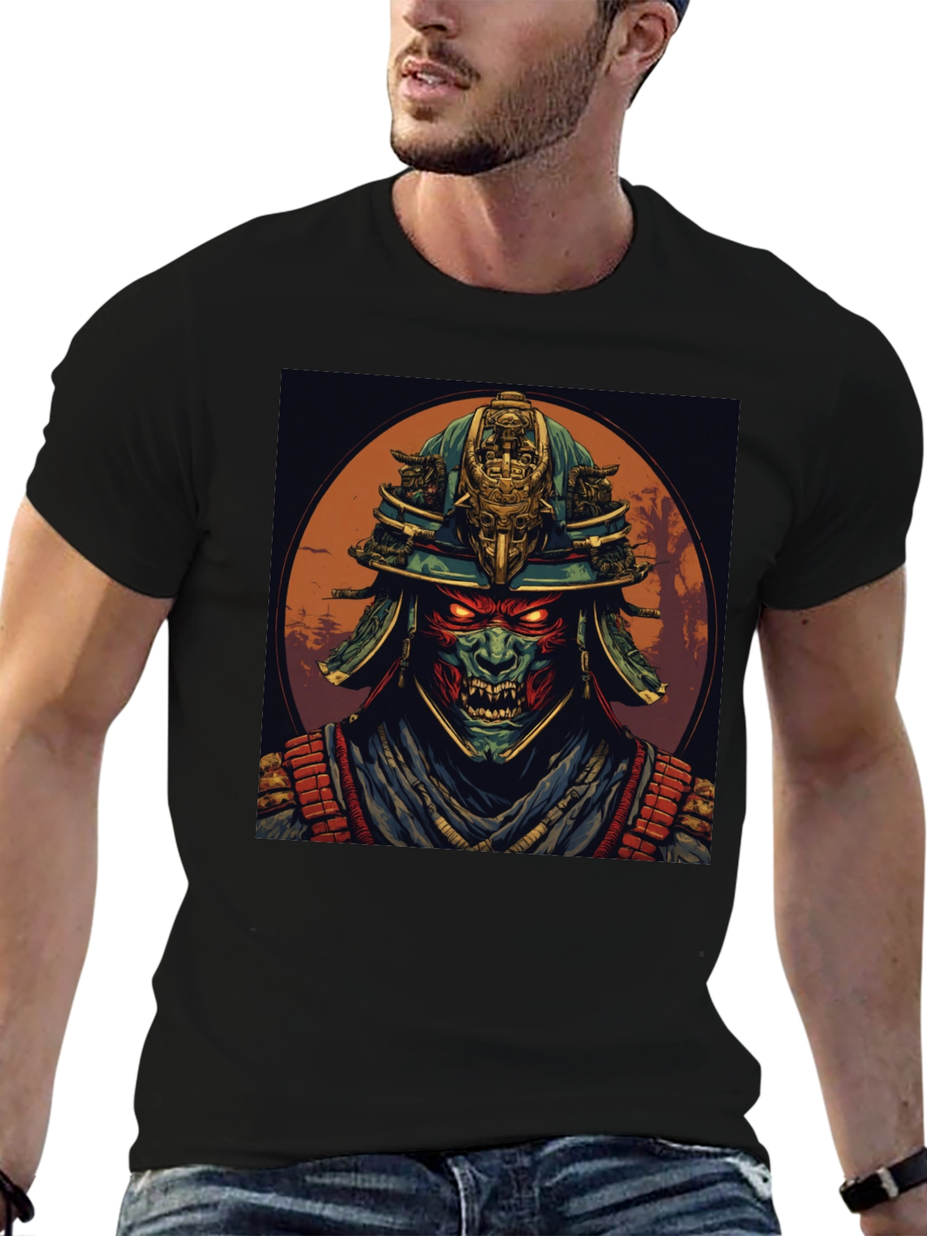 Samurai Demon Graphic Tee - Black Cotton T-Shirt