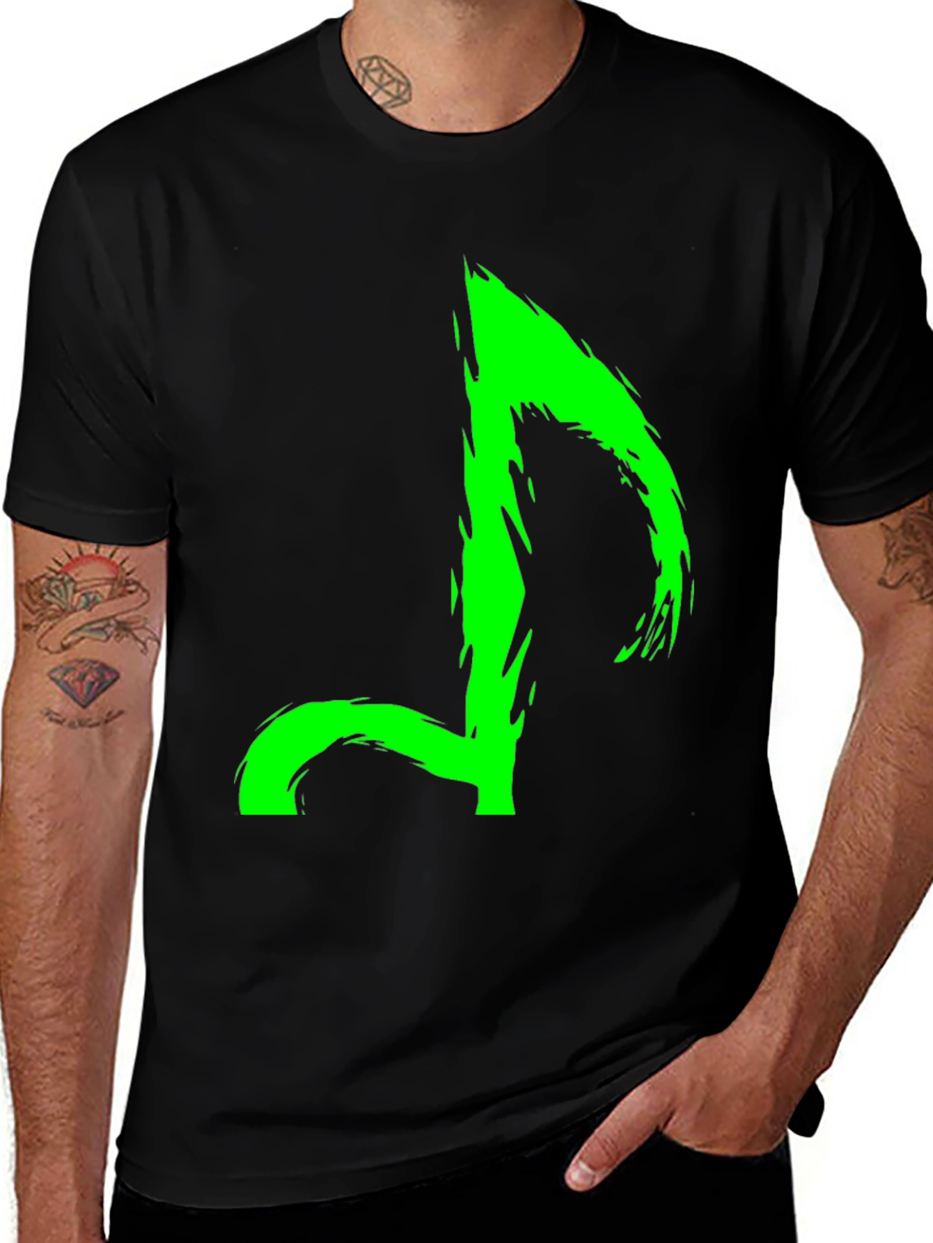 Neon Green Music Note Graphic Black T-Shirt