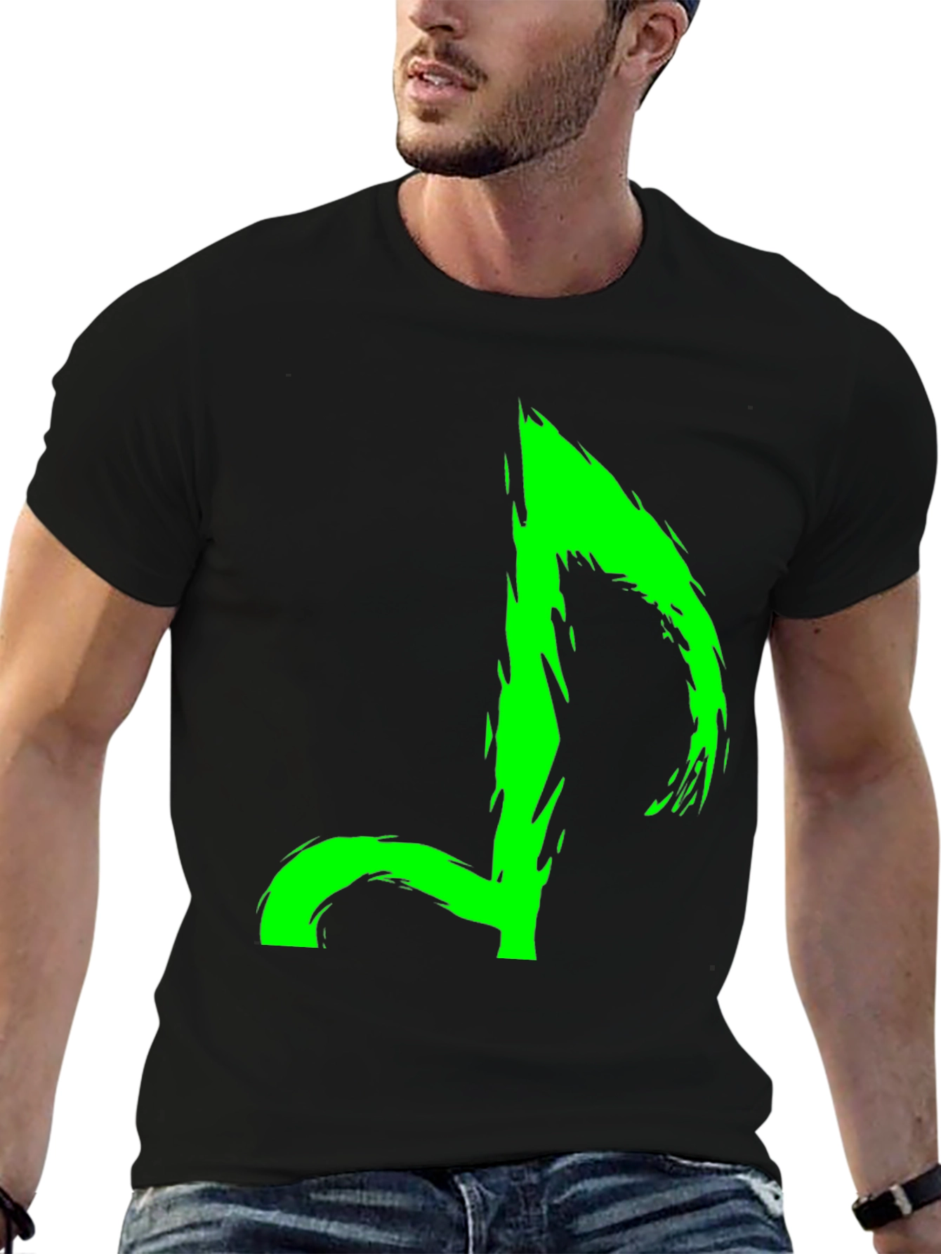 Neon Green Music Note Graphic Black T-Shirt